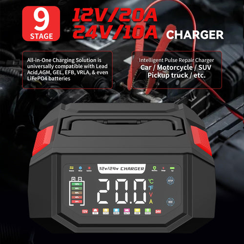 AIYONFEI Battery Charger 20A 12V/24V Fully Automatic Battery Maintainer & Trickle Charger, Adjustable (1-20A) Car Battery Charger with Repair, T/C for LiFePO4, Lead Acid, Deep Cycle Batteries (Red)