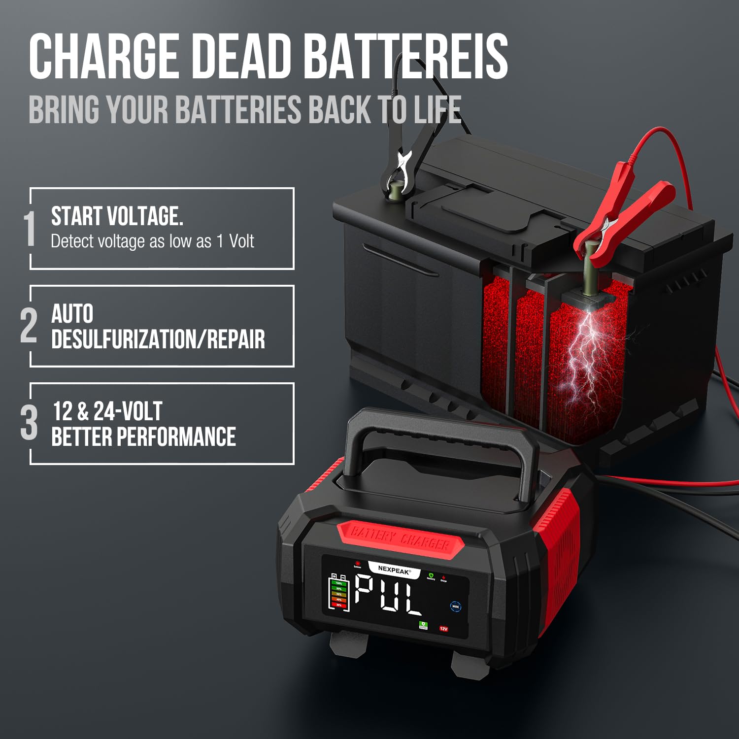 NEXPEAK 15A Battery Charger, Trickle Charger 12V/24V Car Battery Charger 9-Stage Smart LiFePO4 Charger Battery Maintainer w/Overcharge Protection Pulse Repair for Car Truck Motorcycle Lawn Mower