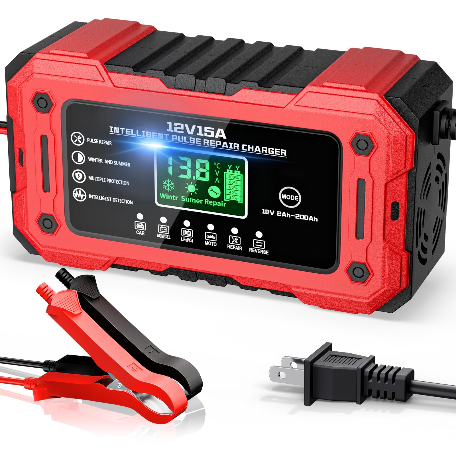 YDBAO Battery Charger 15A 12V Fully Automatic Smart Trickle Car Battery Charger Maintainer with LCD Display & Temperature Compensation for Car Truck Motorcycle Lawn Mower Boat