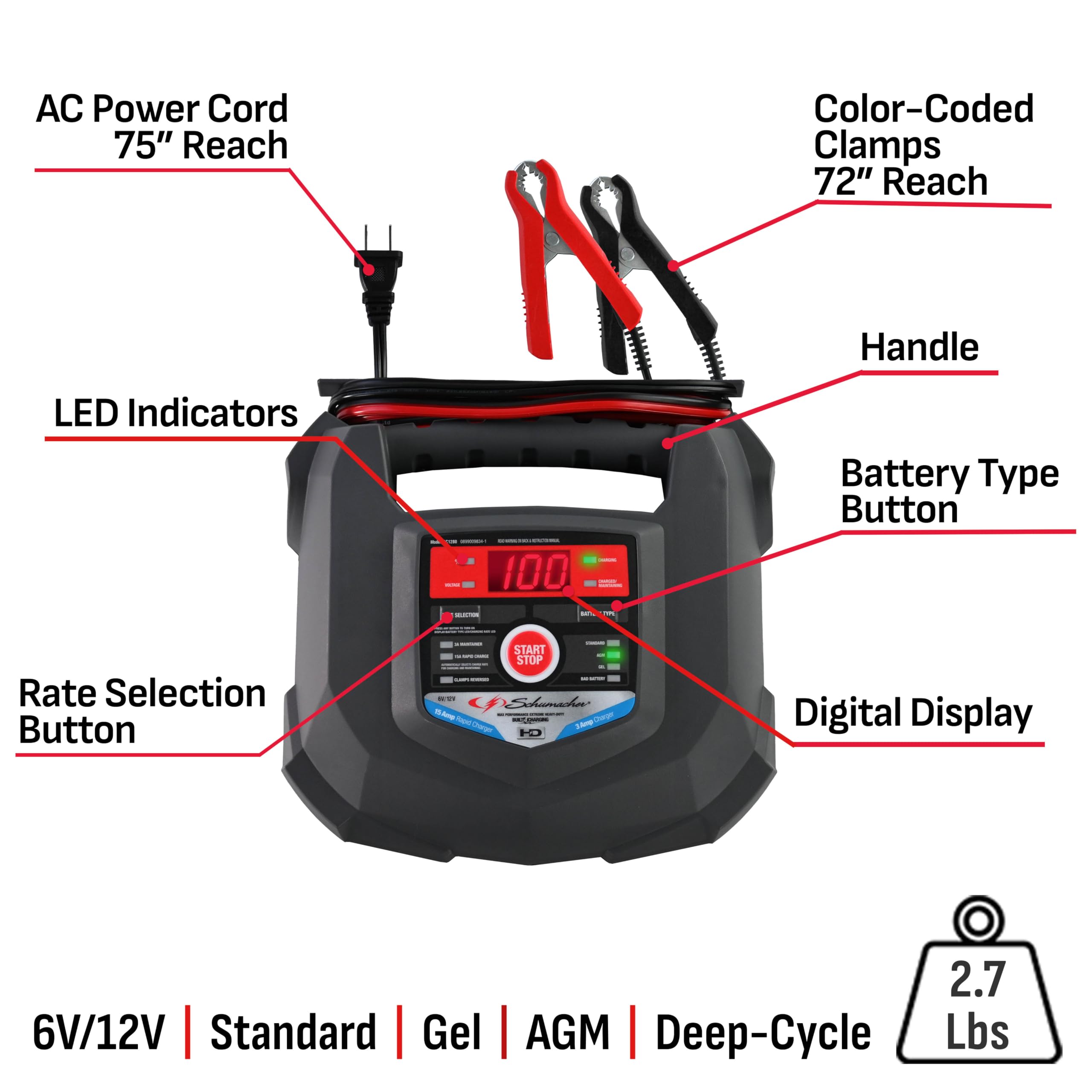 Schumacher Electric Car Battery Charger 12V/6V - Trickle Charger, Maintainer for Automobile & Marine Batteries (AGM/Gel/Deep Cycle) - SC1280
