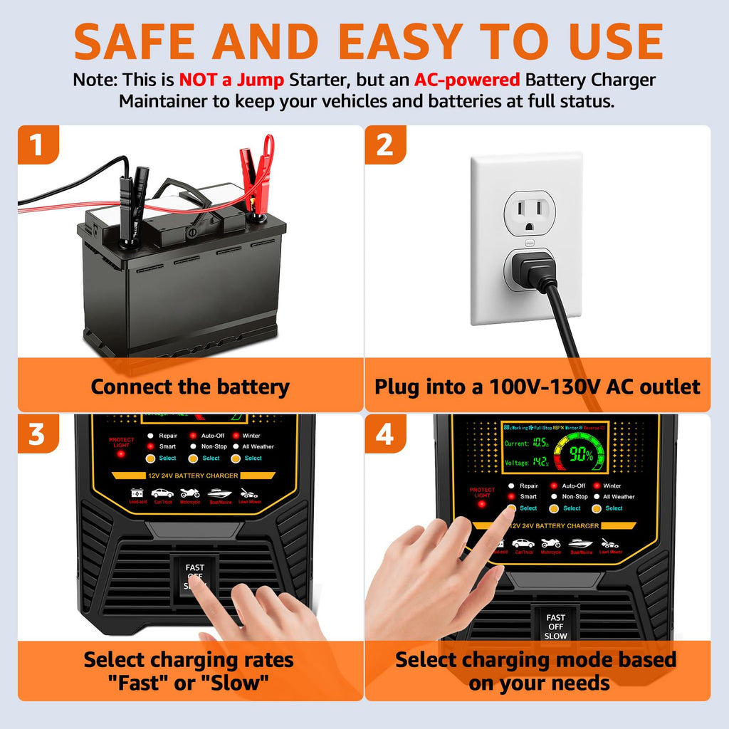 PLXX 12V 24V Car Battery Charger Heavy Duty 0-15A Automatic Smart Trickle Charger with Auto Shutoffs, Repair, Winter Mode, for Automotive Car Truck Motorcycle Lawn Mower Boat Marine AGM