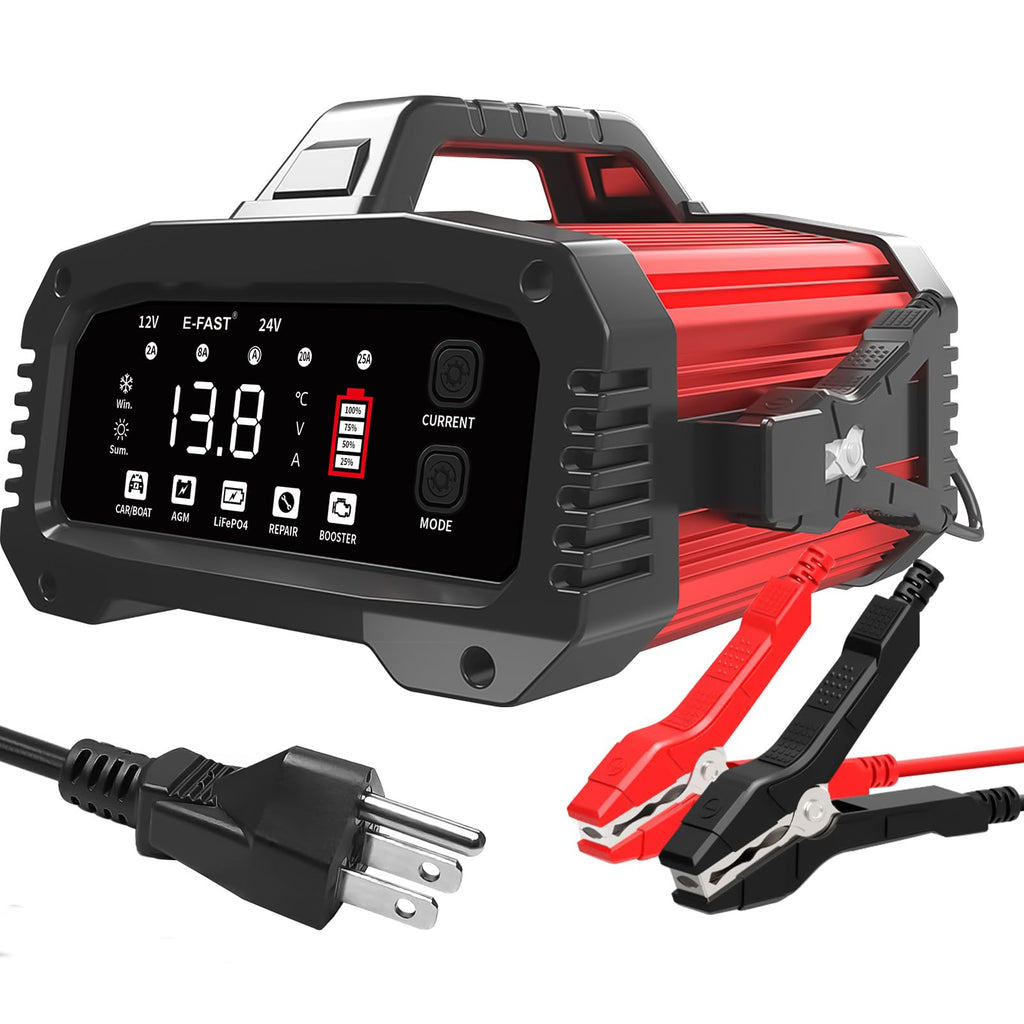 E-FAST 25A Smart Car Battery Charger, 12V/24V Automatic Automotive Battery Maintainer & Desulfator with 200s Booster Mode - Adjustable Amp Trickle Charger for Lead-Acid, AGM, Gel, LiFePO4