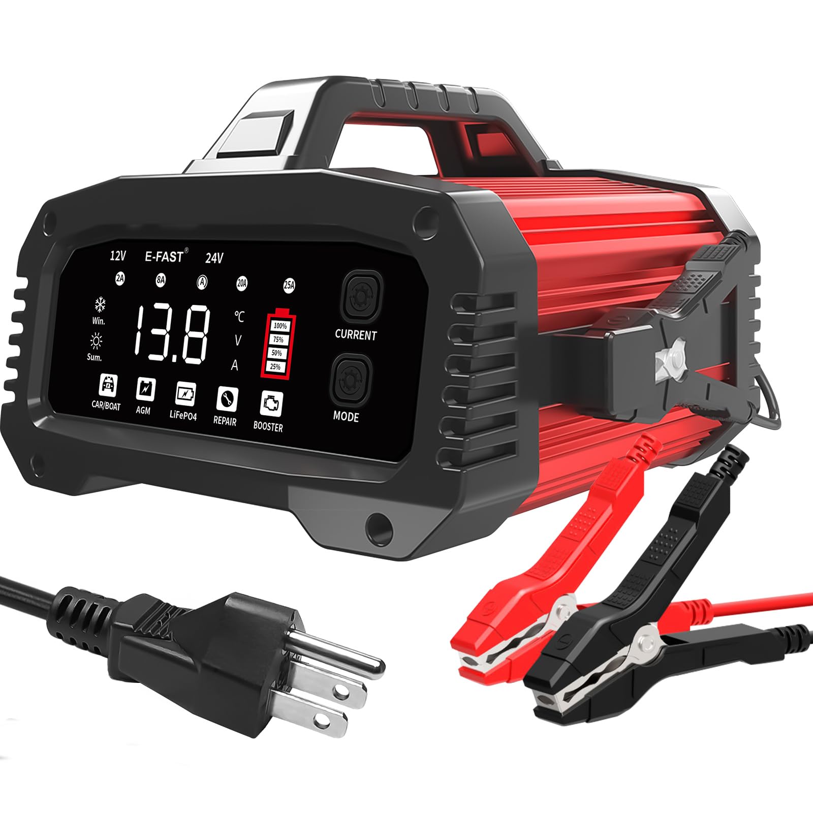 E-FAST 25A Smart Car Battery Charger, 12V/24V Automatic Automotive Battery Maintainer & Desulfator with 200s Booster Mode - Adjustable Amp Trickle Charger for Lead-Acid, AGM, Gel, LiFePO4