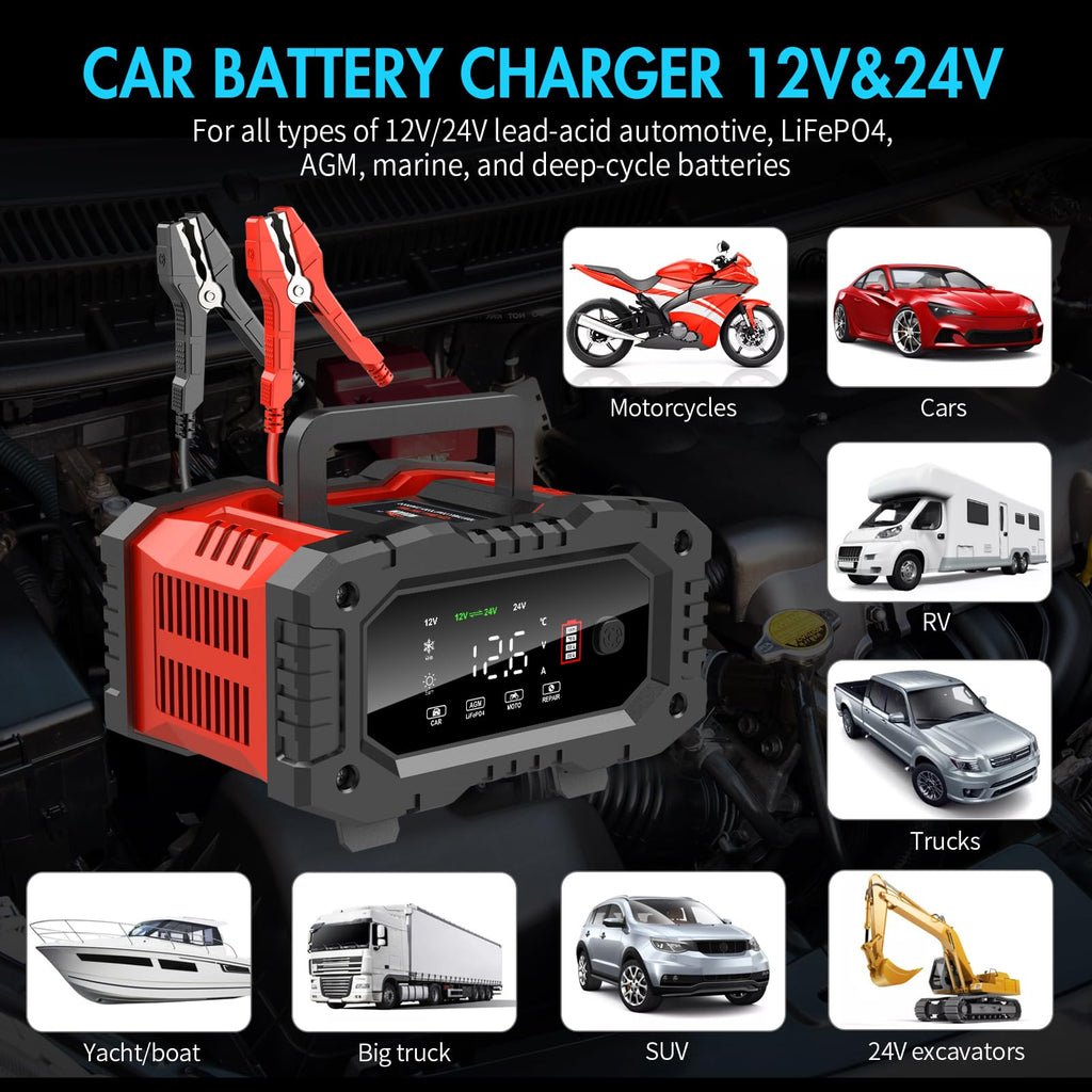 YONHAN Battery Charger 20A 12V/24V LiFePO4 Lead Acid Fully Automatic Battery Maintainer, Car Battery Trickle Charger Automotive w/Repair, Winter Mode, for AGM, STD, Gel, Deep Cycle Batteries