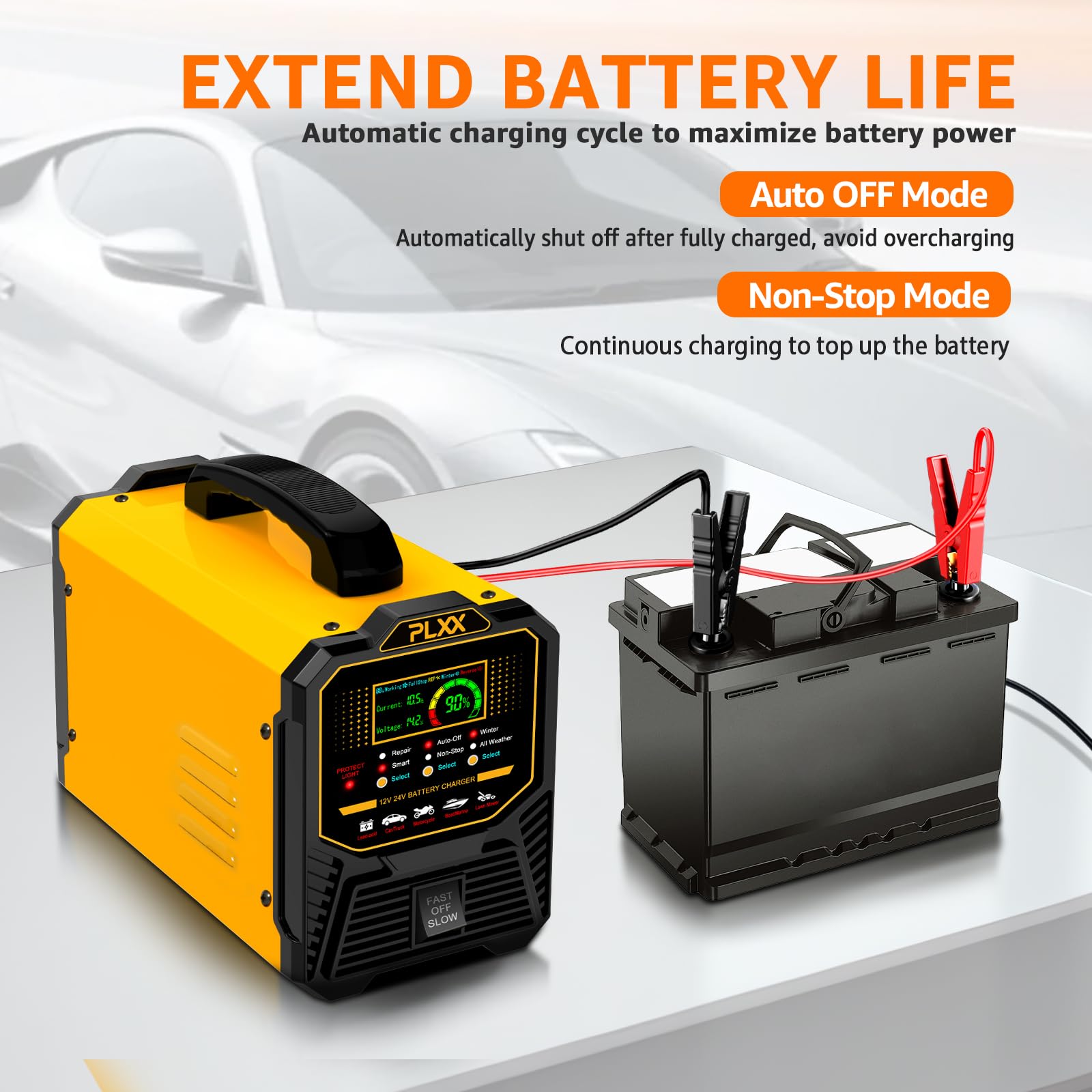 PLXX 12V 24V Car Battery Charger Heavy Duty 0-15A Automatic Smart Trickle Charger with Auto Shutoffs, Repair, Winter Mode, for Automotive Car Truck Motorcycle Lawn Mower Boat Marine AGM