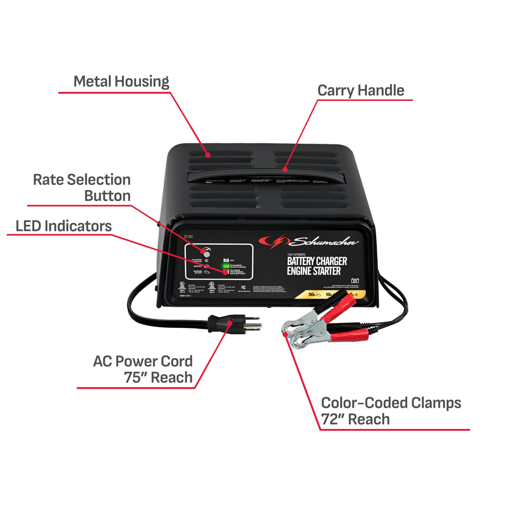 Schumacher Electric 6A Car Battery Charger and 50A Engine Starter, 4-in-1 Solution, Maintainer, 10A Boost, for 12V Power Sport, Automotive, and Marine Batteries, SC1361