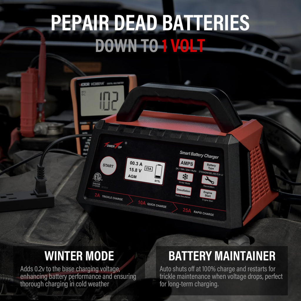 TowerTop 2/10/25 Amp 12V Smart Car Battery Charger, Fully Automatic Battery Maintainer with Engine Start, Auto Desulfator, Battery Repair, Winter Mode, for AGM, STD, Gel, Deep Cycle Batteries