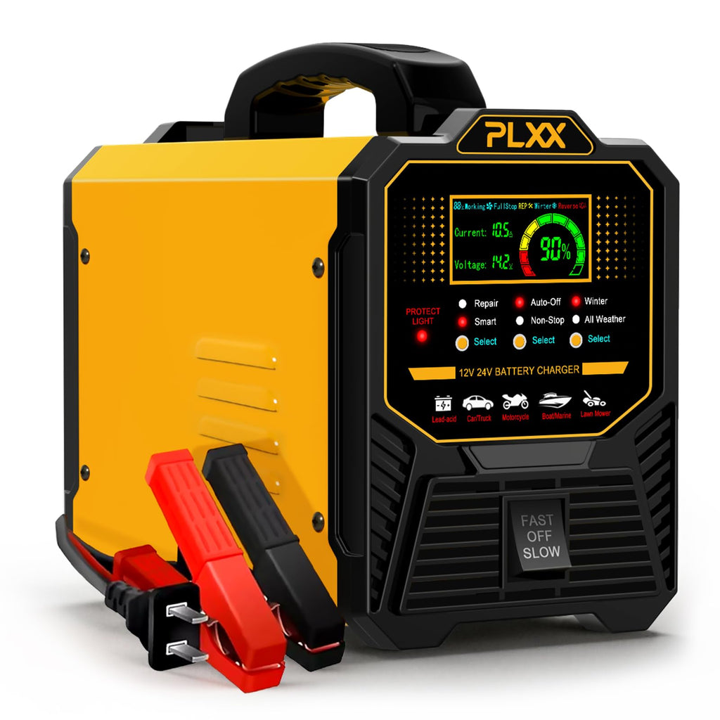 PLXX 12V 24V Car Battery Charger Heavy Duty 0-15A Automatic Smart Trickle Charger with Auto Shutoffs, Repair, Winter Mode, for Automotive Car Truck Motorcycle Lawn Mower Boat Marine AGM