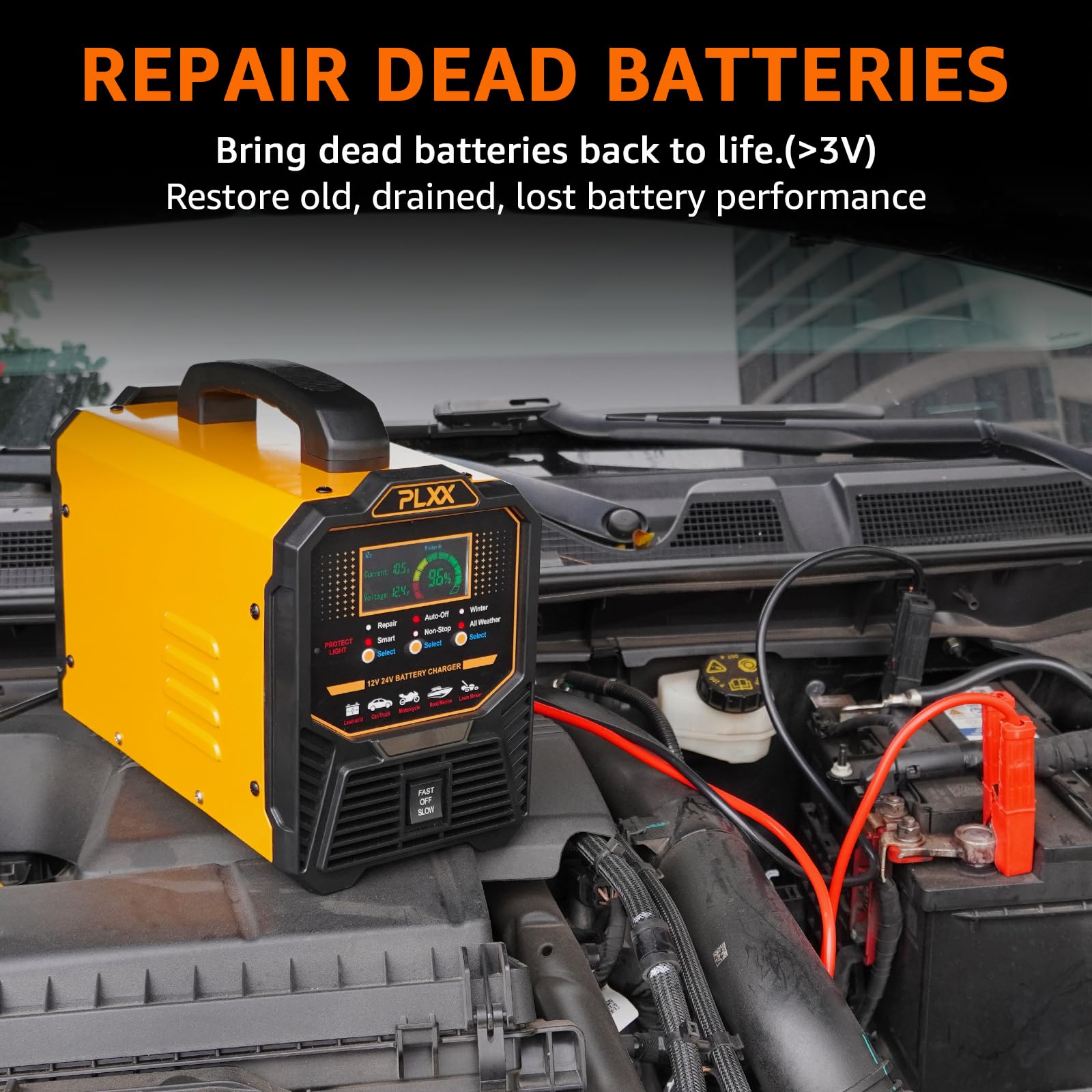 PLXX 12V 24V Car Battery Charger Heavy Duty 0-15A Automatic Smart Trickle Charger with Auto Shutoffs, Repair, Winter Mode, for Automotive Car Truck Motorcycle Lawn Mower Boat Marine AGM