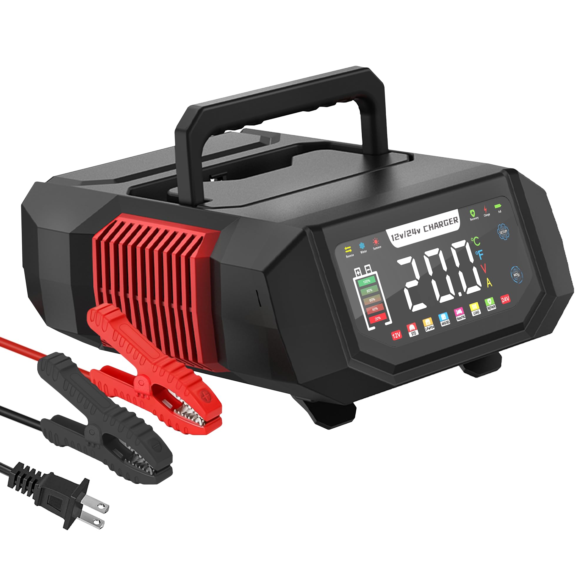AIYONFEI Battery Charger 20A 12V/24V Fully Automatic Battery Maintainer & Trickle Charger, Adjustable (1-20A) Car Battery Charger with Repair, T/C for LiFePO4, Lead Acid, Deep Cycle Batteries (Red)