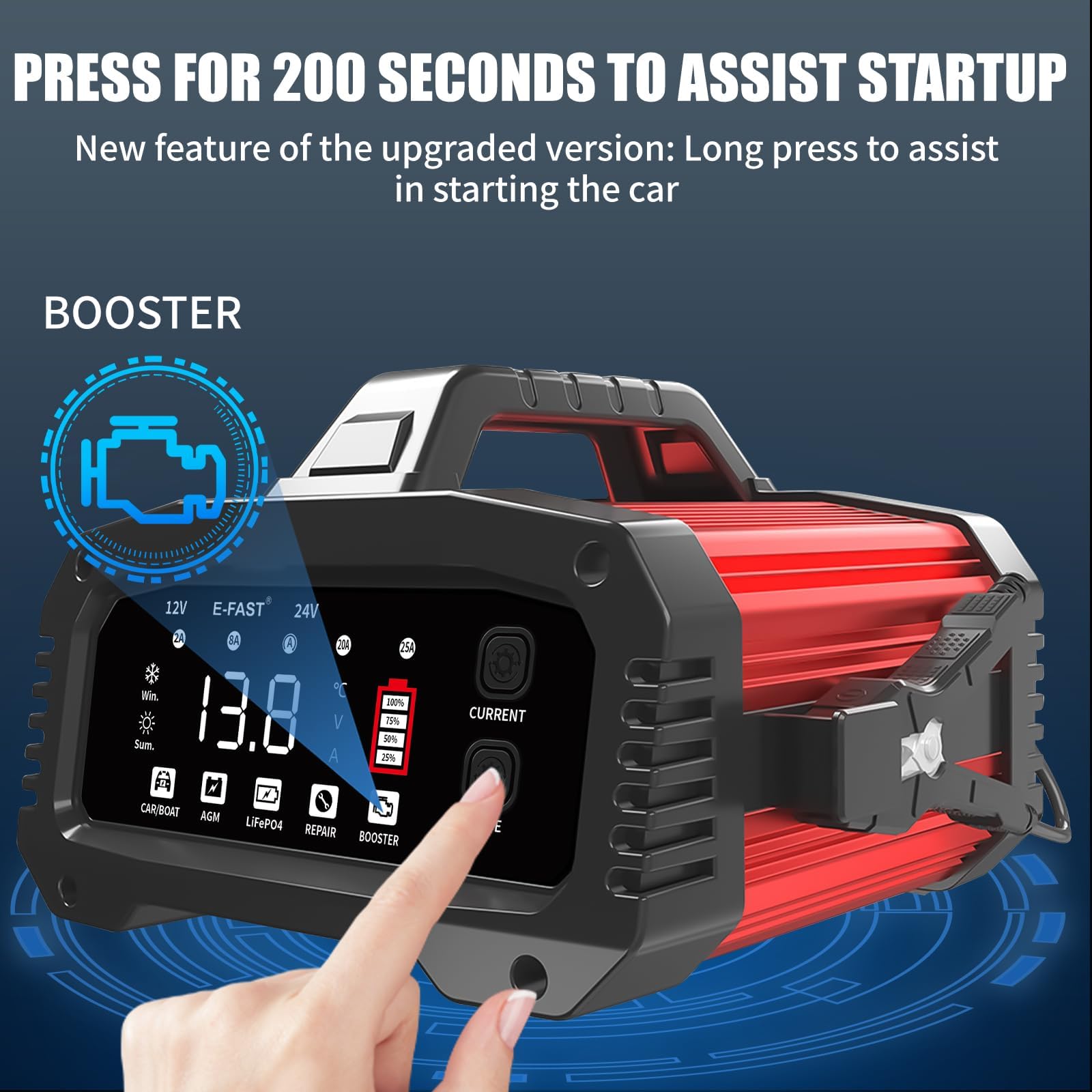 E-FAST 25A Smart Car Battery Charger, 12V/24V Automatic Automotive Battery Maintainer & Desulfator with 200s Booster Mode - Adjustable Amp Trickle Charger for Lead-Acid, AGM, Gel, LiFePO4