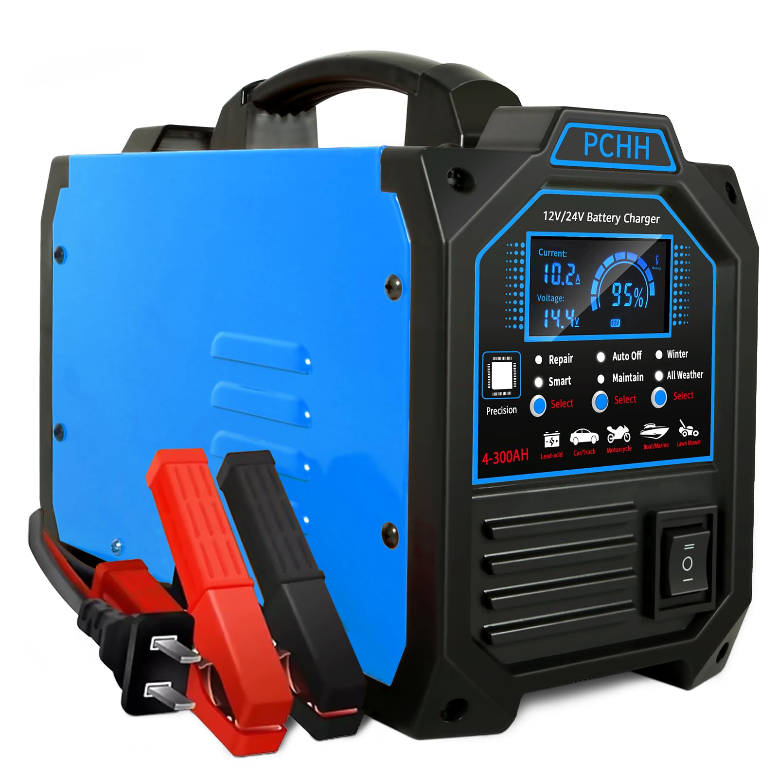 PCHH 12V 24V Car Battery Charger Heavy Duty, 0-15A Automatic Battery Maintainer, Smart Trickle Charger with Auto Shutoffs, Repair, Winter Mode, for Automotive Car Truck Motorcycle Lawn Mower Boat AGM