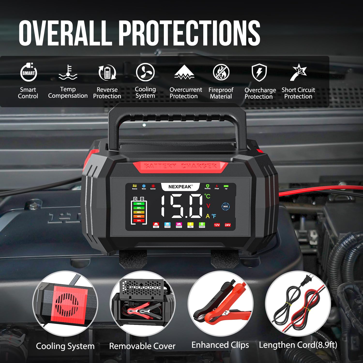 NEXPEAK 15A Battery Charger, Trickle Charger 12V/24V Car Battery Charger 9-Stage Smart LiFePO4 Charger Battery Maintainer w/Overcharge Protection Pulse Repair for Car Truck Motorcycle Lawn Mower