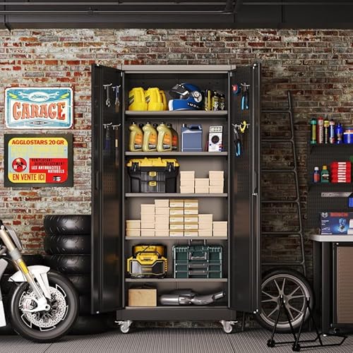 Aobabo Lockable Metal Garage Storage Cabinet with Wheels and Door Pegboard, 5 Adjustable Shelves for Tools, Workshop, Office and Home Utility Storage, Black, 16" D x 32" W x 71" H,Required Assembly