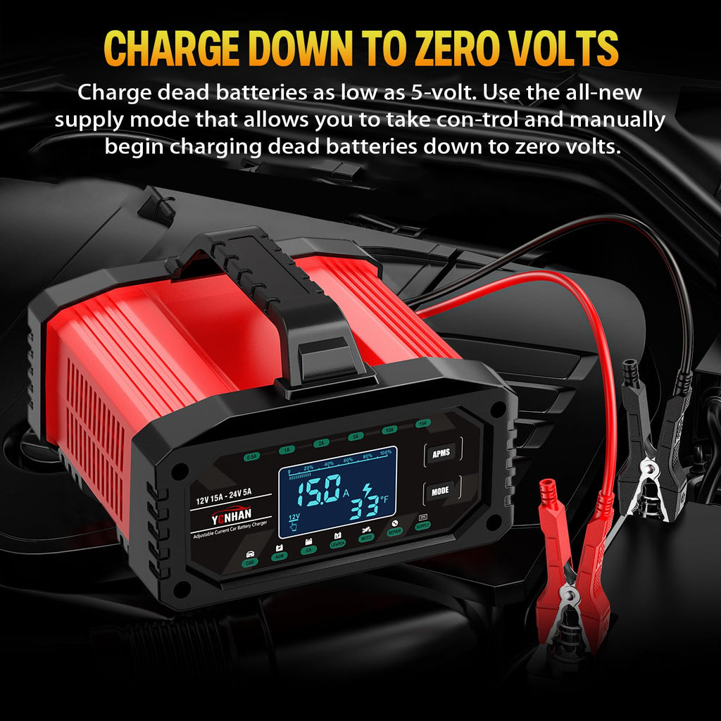 YONHAN Battery Charger 0-15A 12V/24V Adjustable Current LiFePO4 Car Battery Charger, Battery Maintainer Automatic Trickle Charger, Battery Desulfator w/Temp Compensation