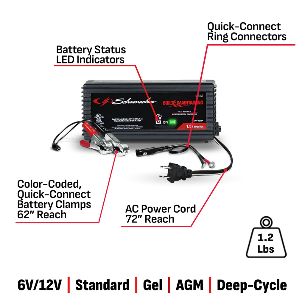 Schumacher Electric 1.5A Car Battery Charger and Maintainer, 3-in-1 Solution, for 6V/12V Power Sport, Automotive, and Marine Batteries, SC1355.