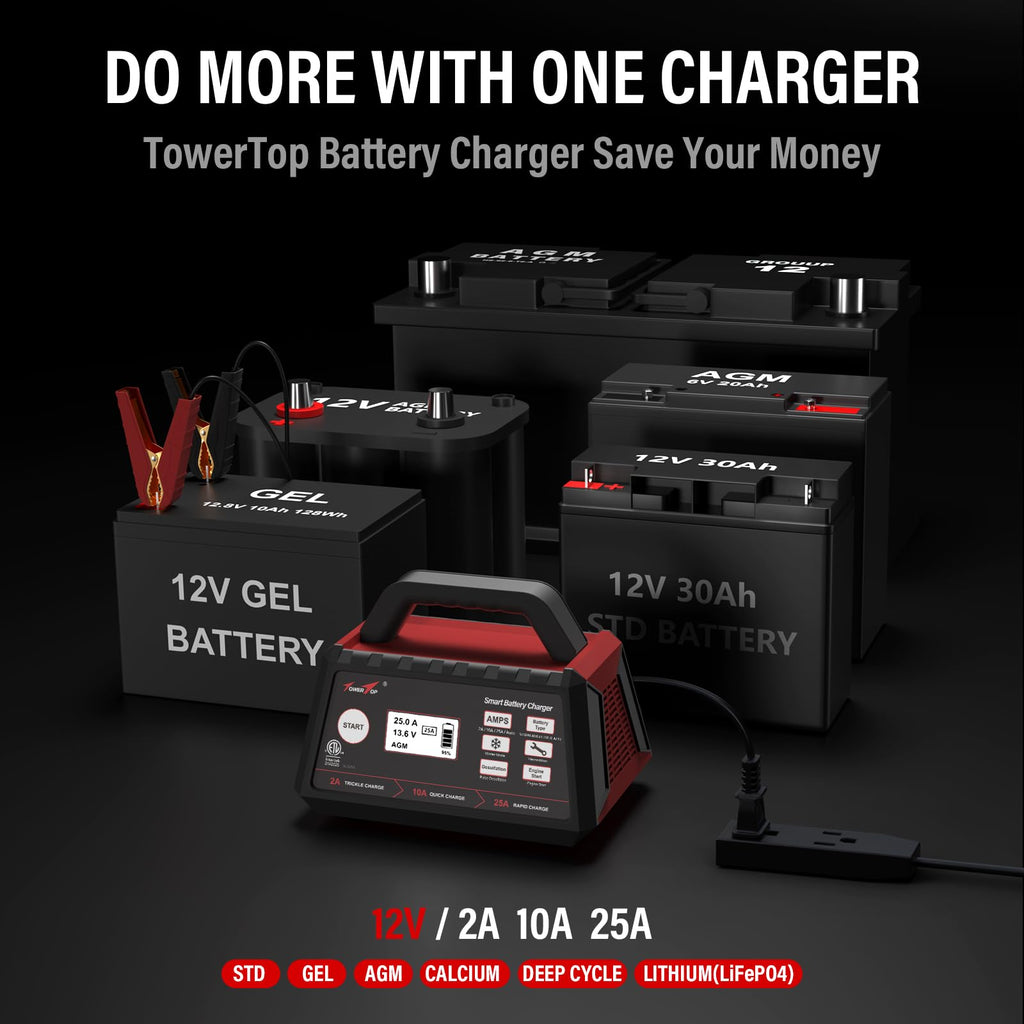 TowerTop 2/10/25 Amp 12V Smart Car Battery Charger, Fully Automatic Battery Maintainer with Engine Start, Auto Desulfator, Battery Repair, Winter Mode, for AGM, STD, Gel, Deep Cycle Batteries