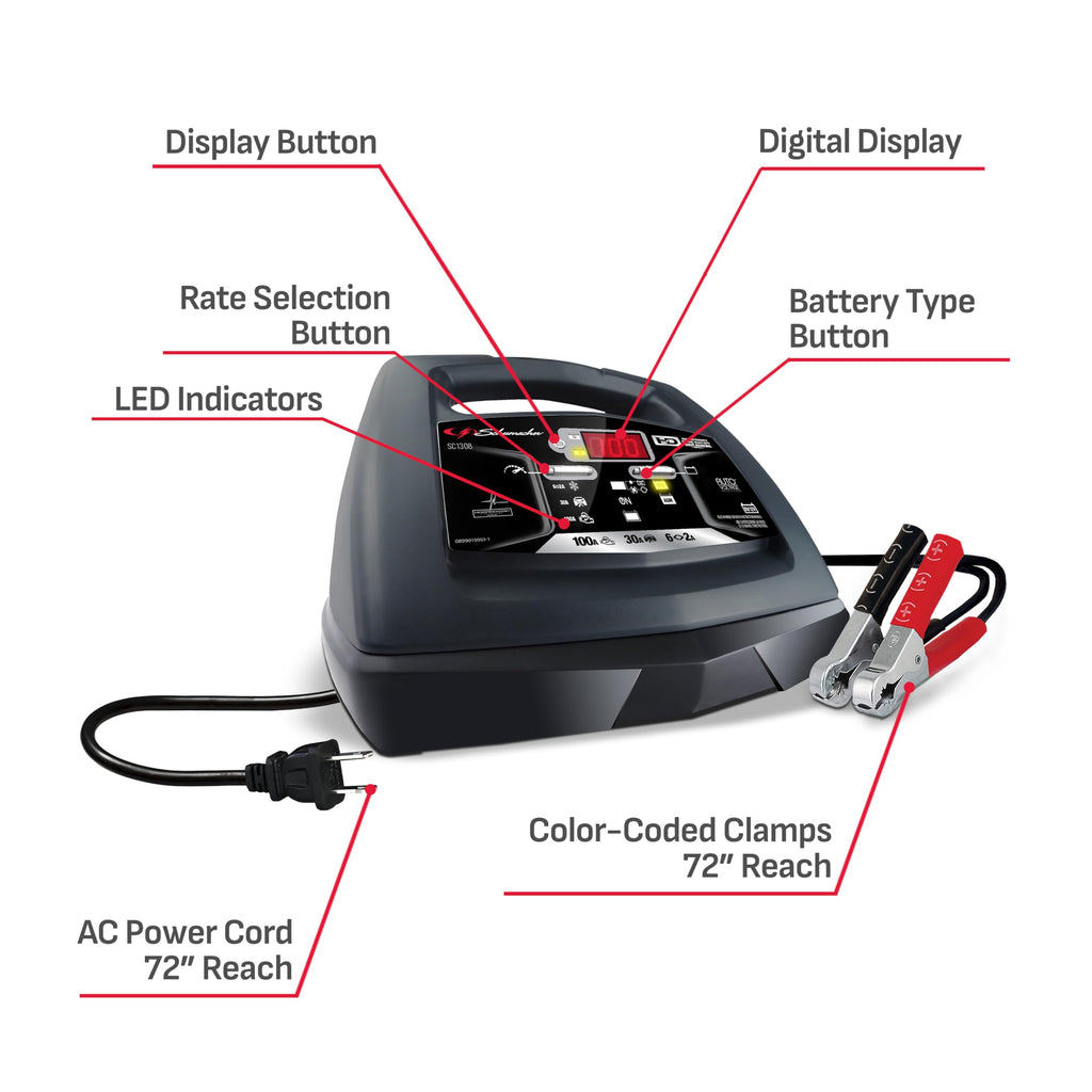 Schumacher Electric 6A Car Battery Charger and 100A Engine Starter, 6-in-1 Solution, Maintainer, 30A Boost, for 6V/12V Power Sport, Automotive, and Marine Batteries, SC1308