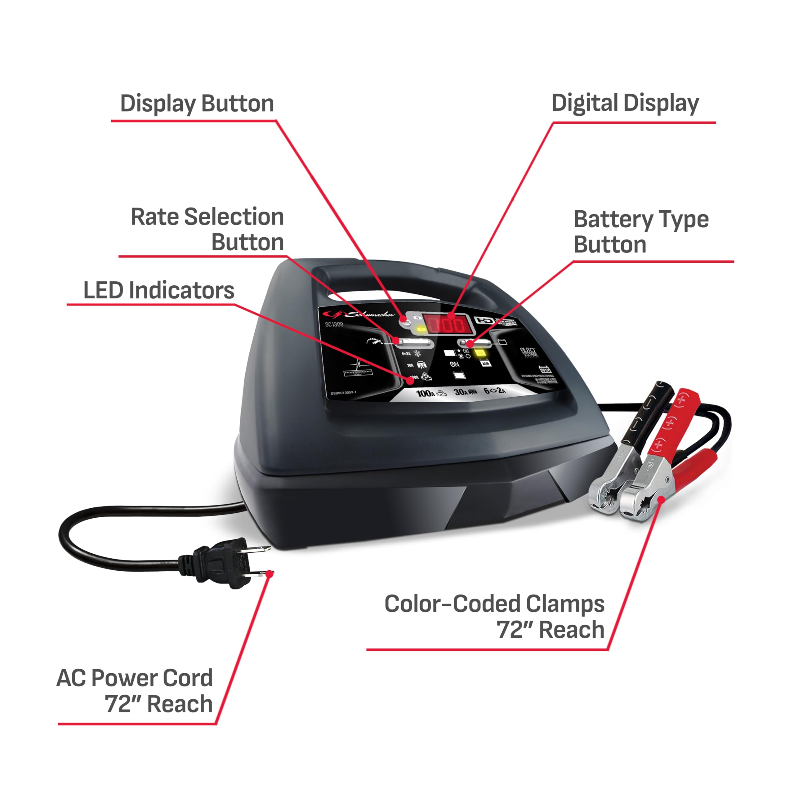 Schumacher Electric 6A Car Battery Charger and 100A Engine Starter, 6-in-1 Solution, Maintainer, 30A Boost, for 6V/12V Power Sport, Automotive, and Marine Batteries, SC1308