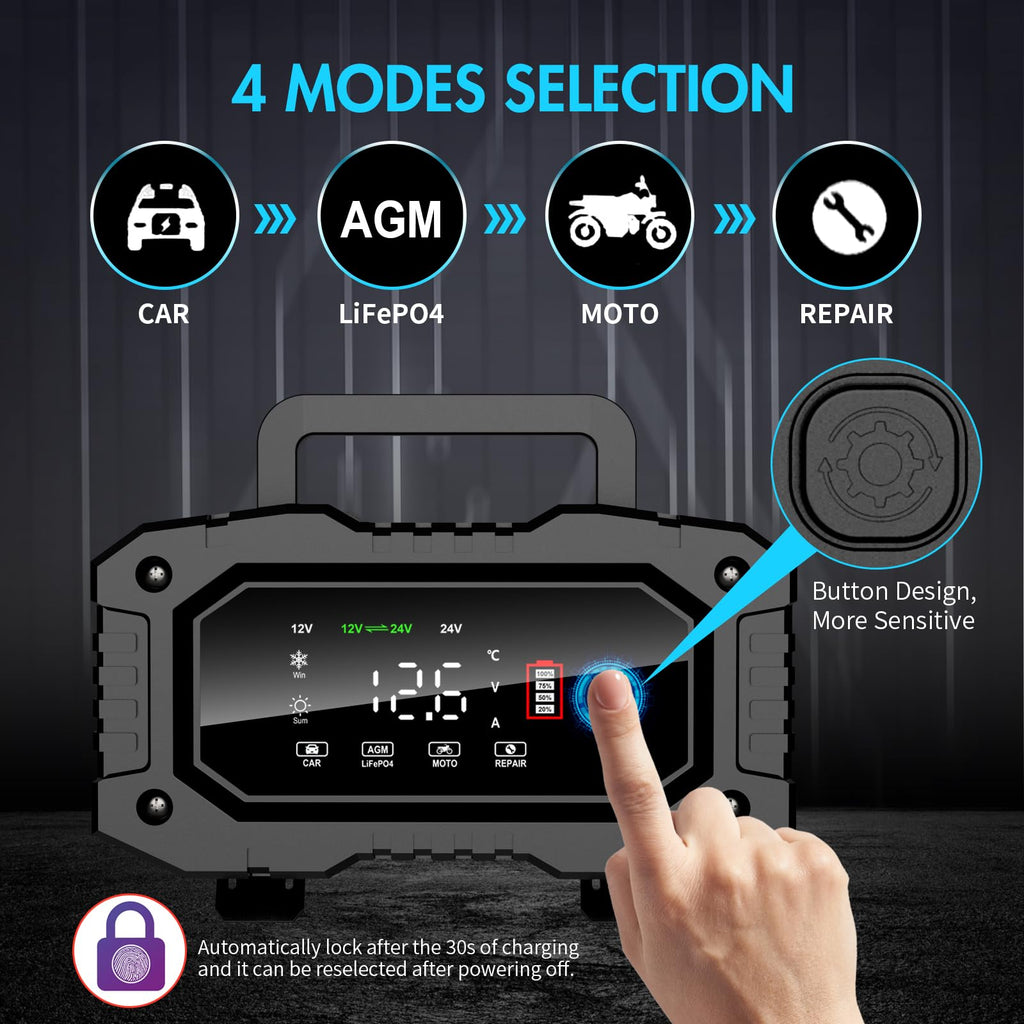 YONHAN Battery Charger 20A 12V/24V LiFePO4 Lead Acid Fully Automatic Battery Maintainer, Car Battery Trickle Charger Automotive w/Repair, Winter Mode, for AGM, STD, Gel, Deep Cycle Batteries