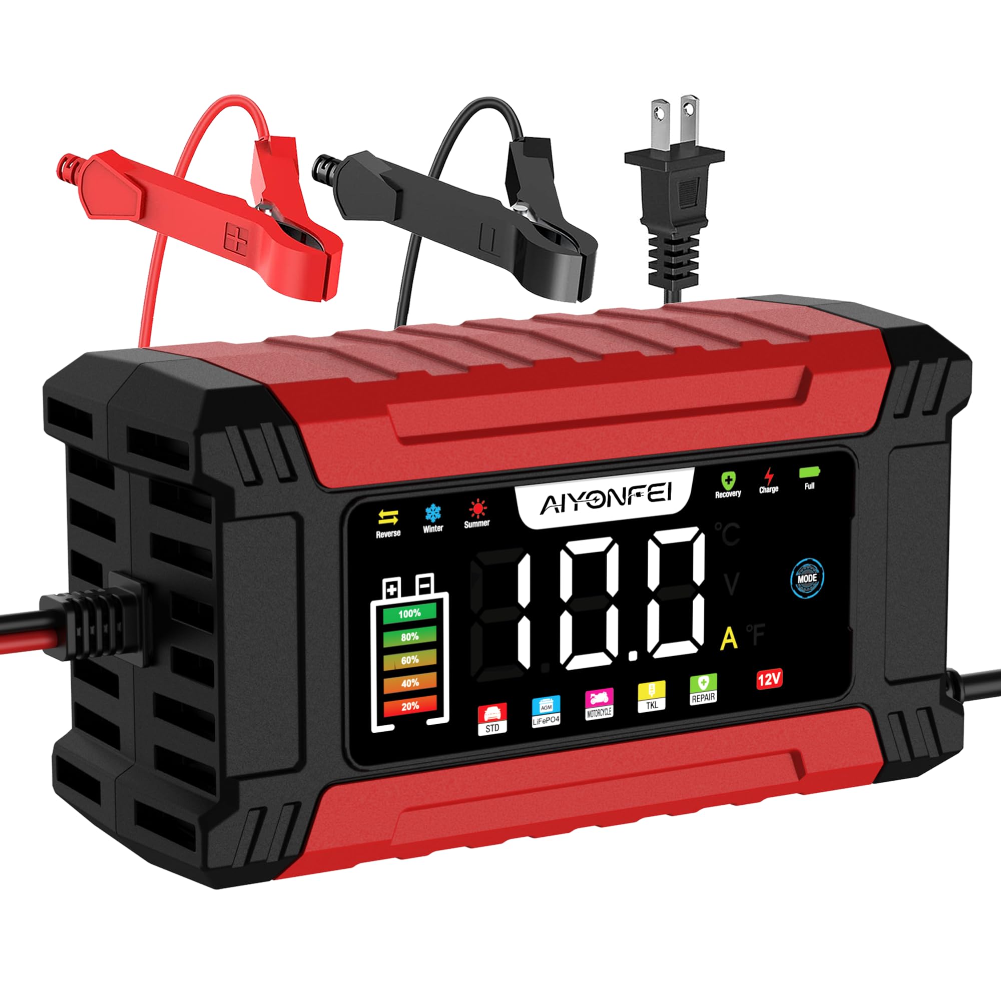 AIYONFEI 12V 10A Battery Charger, 9-Stage Smart Trickle Charger with LED Screen, Battery Maintainer & Desulfator, Temperature Compensation for Car, Truck, Motorcycle, Boat, LiFePO4, Lead Acid (Red)