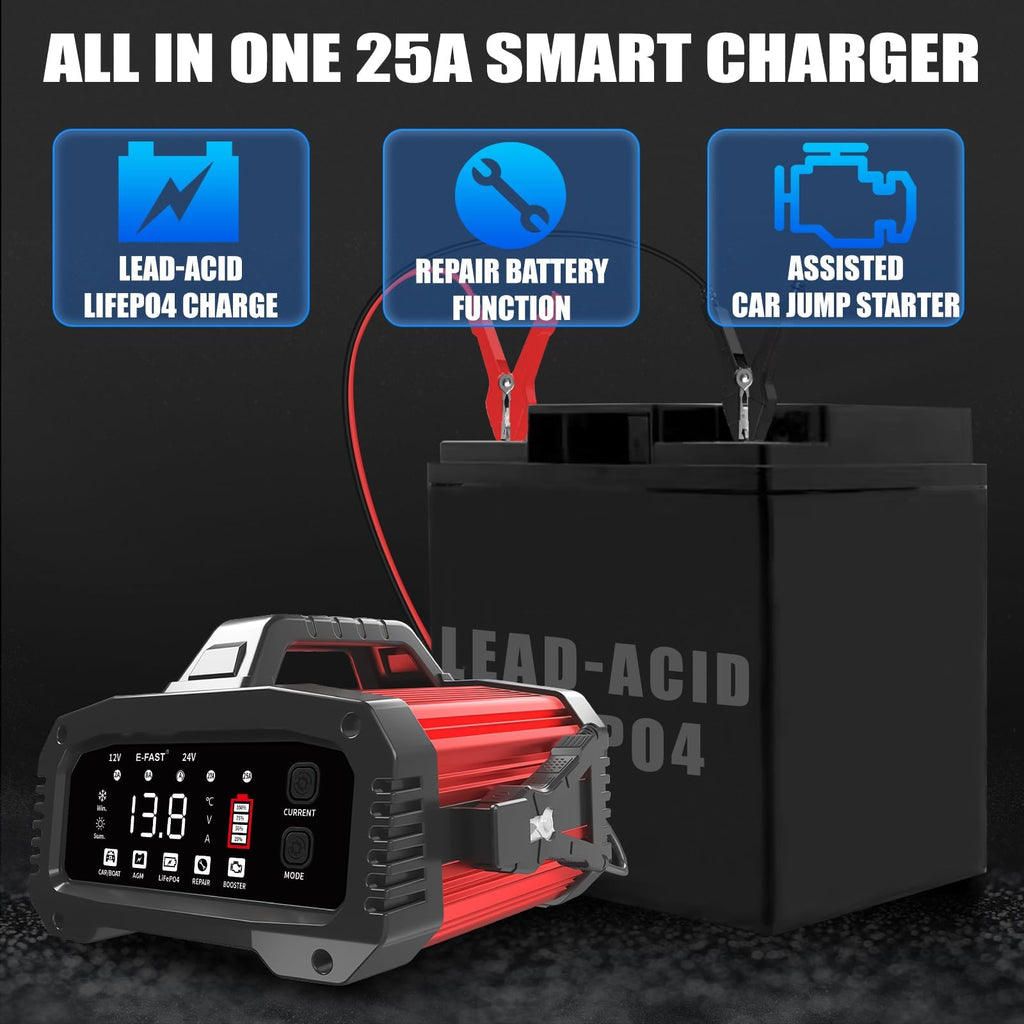 E-FAST 25A Smart Car Battery Charger, 12V/24V Automatic Automotive Battery Maintainer & Desulfator with 200s Booster Mode - Adjustable Amp Trickle Charger for Lead-Acid, AGM, Gel, LiFePO4