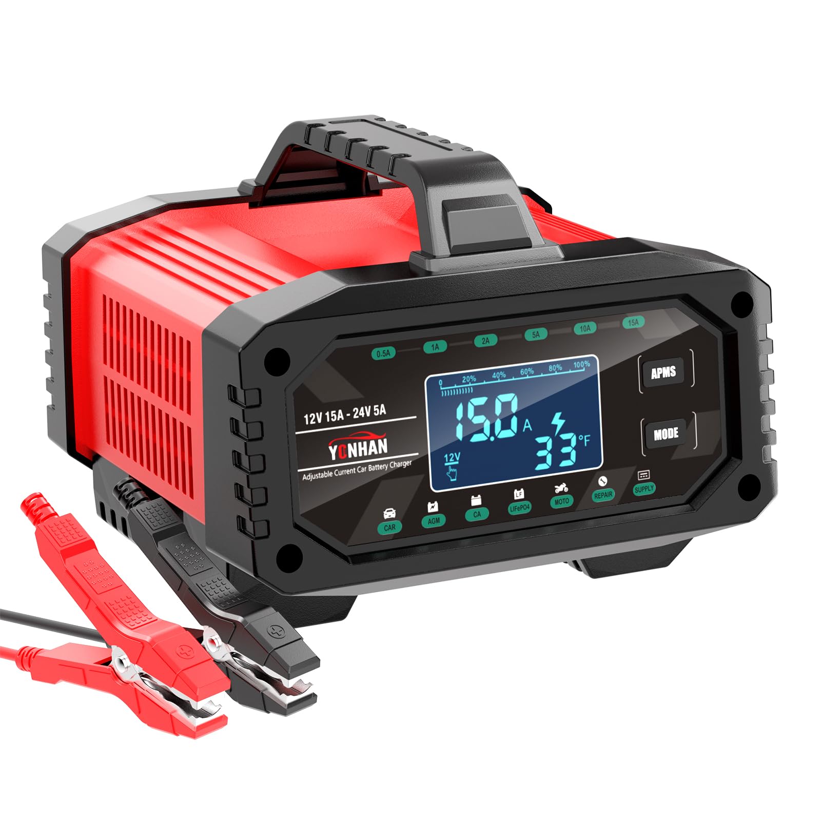 YONHAN Battery Charger 0-15A 12V/24V Adjustable Current LiFePO4 Car Battery Charger, Battery Maintainer Automatic Trickle Charger, Battery Desulfator w/Temp Compensation