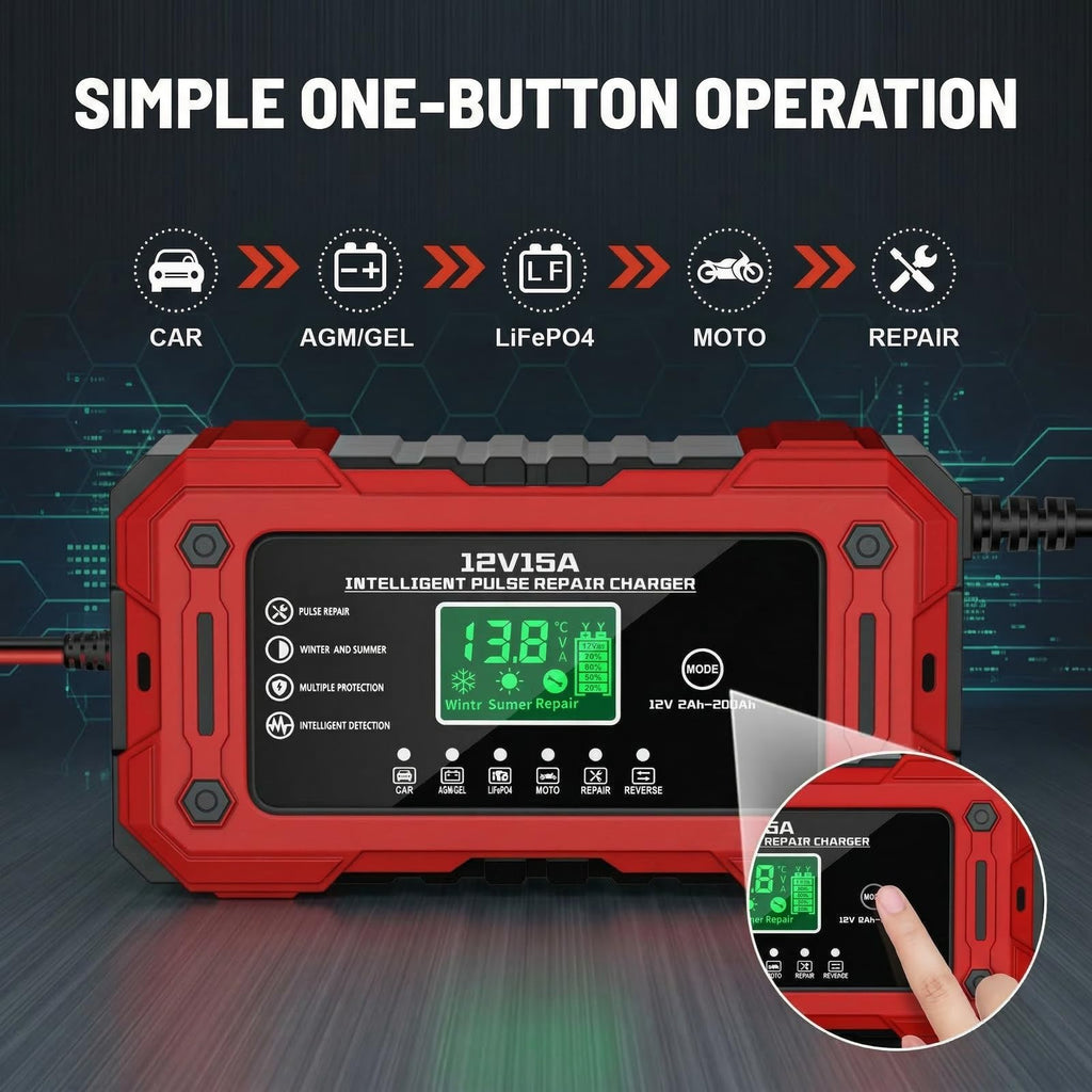 YDBAO Battery Charger 15A 12V Fully Automatic Smart Trickle Car Battery Charger Maintainer with LCD Display & Temperature Compensation for Car Truck Motorcycle Lawn Mower Boat