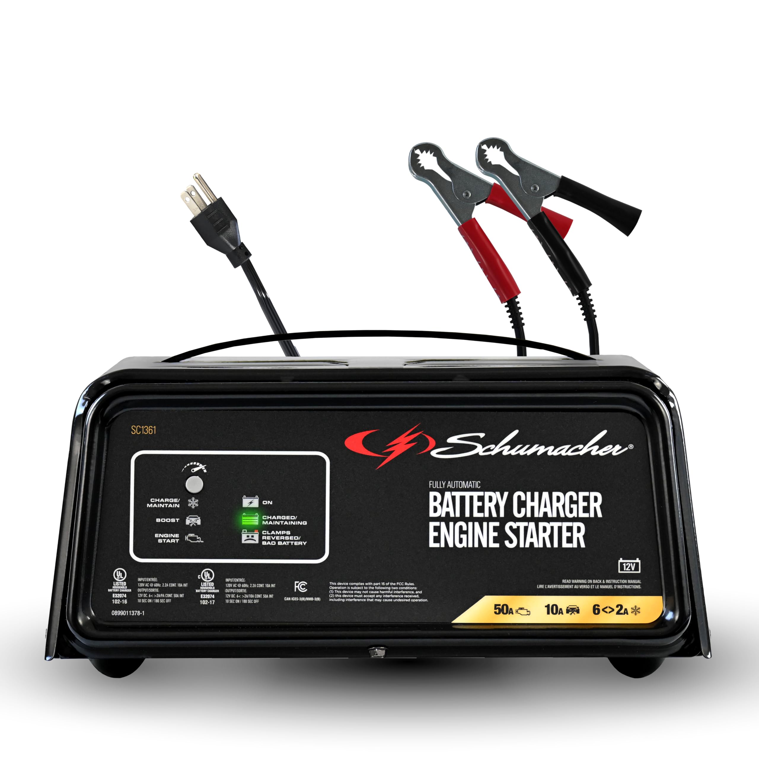 Schumacher Electric 6A Car Battery Charger and 50A Engine Starter, 4-in-1 Solution, Maintainer, 10A Boost, for 12V Power Sport, Automotive, and Marine Batteries, SC1361