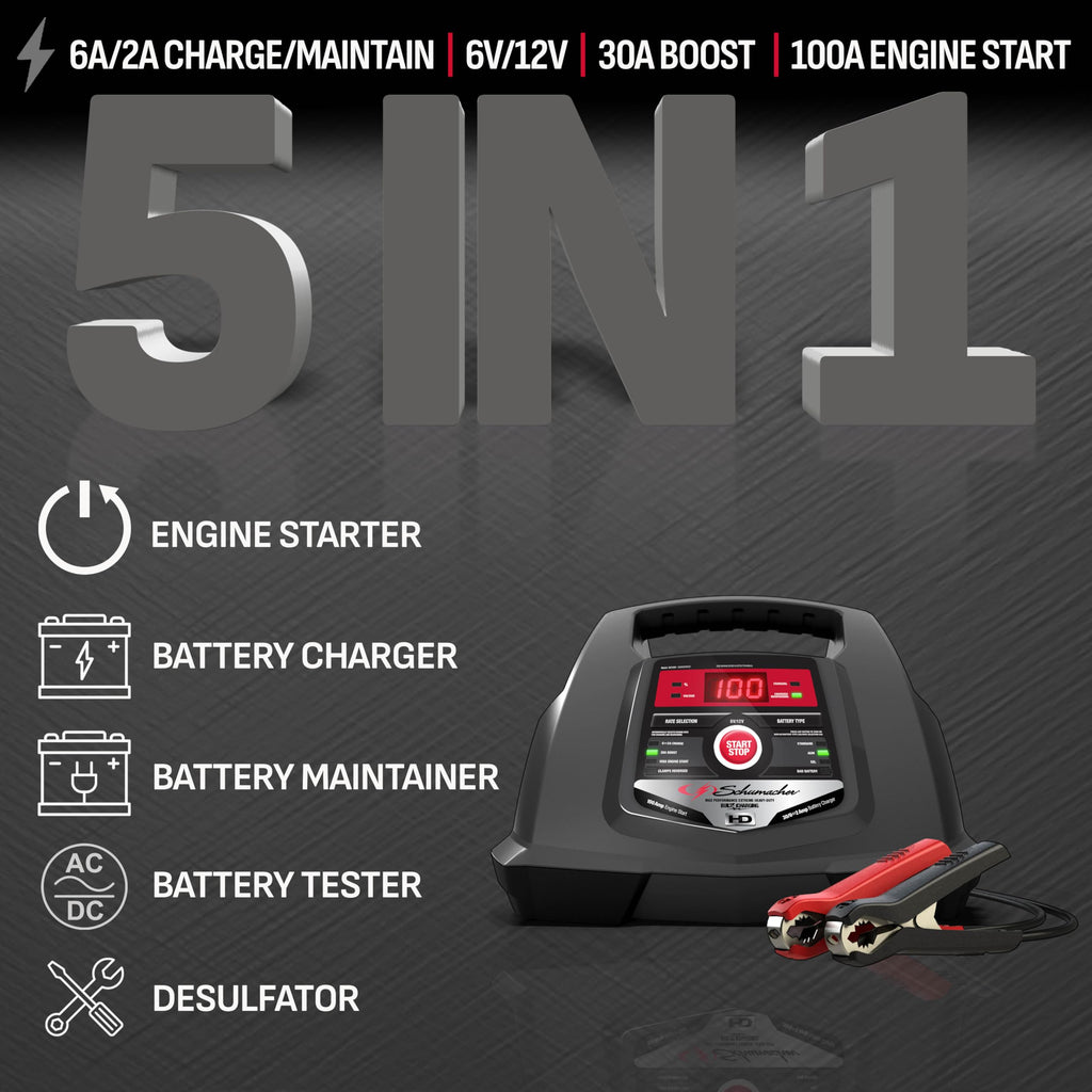 Schumacher Electric 6A Car Battery Charger and 100A Engine Starter, 5-in-1 Solution, Maintainer, 30A Boost, for 6V/12V Power Sport, Automotive, and Marine Batteries, SC1281