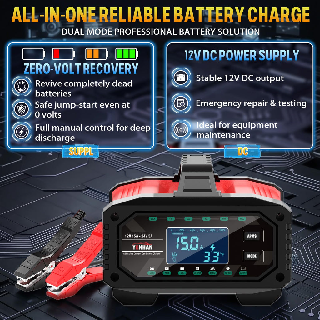 YONHAN Battery Charger 0-15A 12V/24V Adjustable Current LiFePO4 Car Battery Charger, Battery Maintainer Automatic Trickle Charger, Battery Desulfator w/Temp Compensation