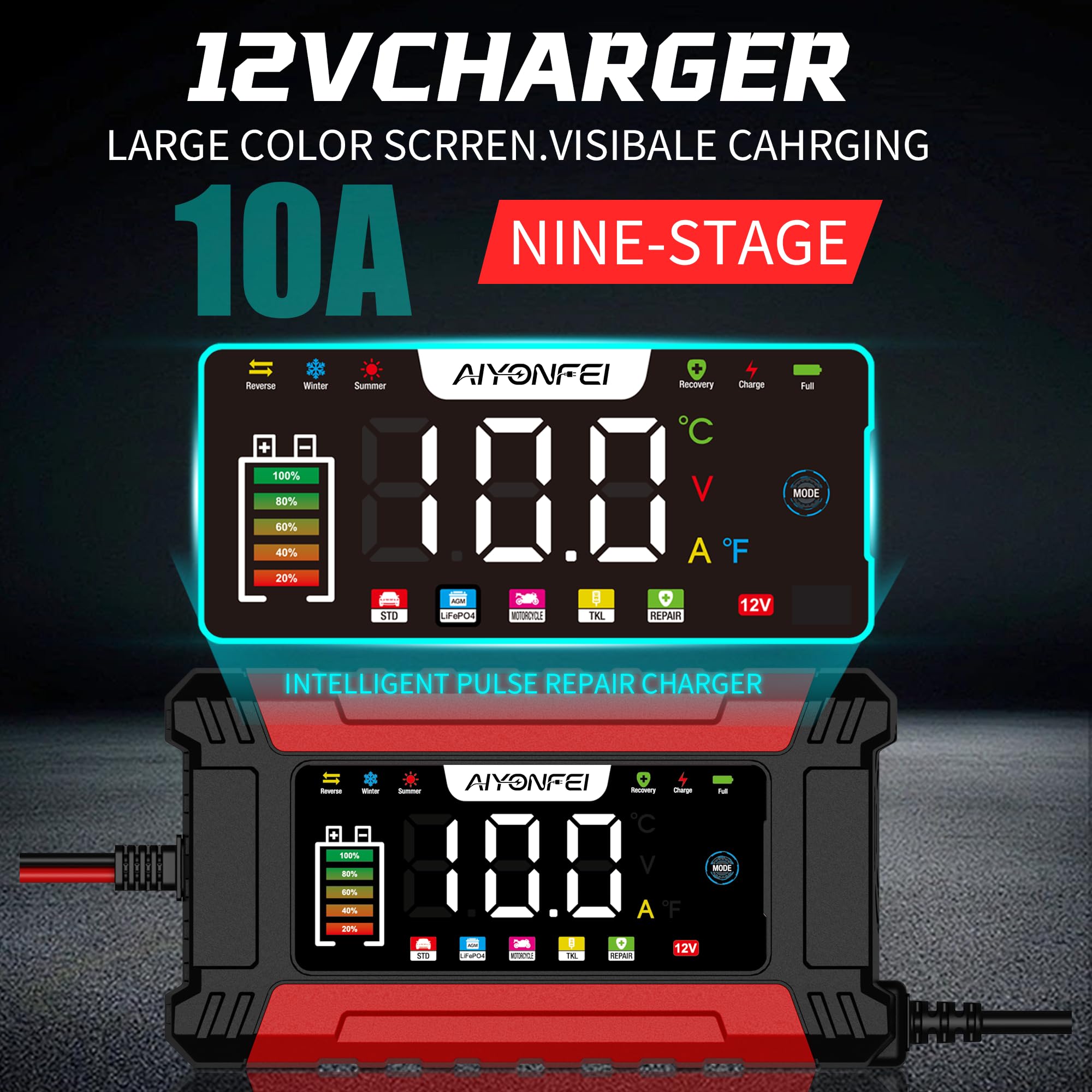 AIYONFEI 12V 10A Battery Charger, 9-Stage Smart Trickle Charger with LED Screen, Battery Maintainer & Desulfator, Temperature Compensation for Car, Truck, Motorcycle, Boat, LiFePO4, Lead Acid (Red)