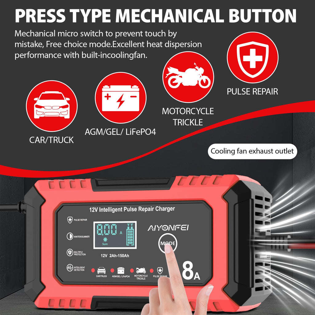 AIYONFEI 12V 8A Battery Charger, Smart Trickle Charger & Battery Maintainer, Desulfator, Temperature Compensation for LiFePO4, Lead Acid, AGM, Gel, EFB, VRLA, Car, Truck, Motorcycle, Boat (Red)