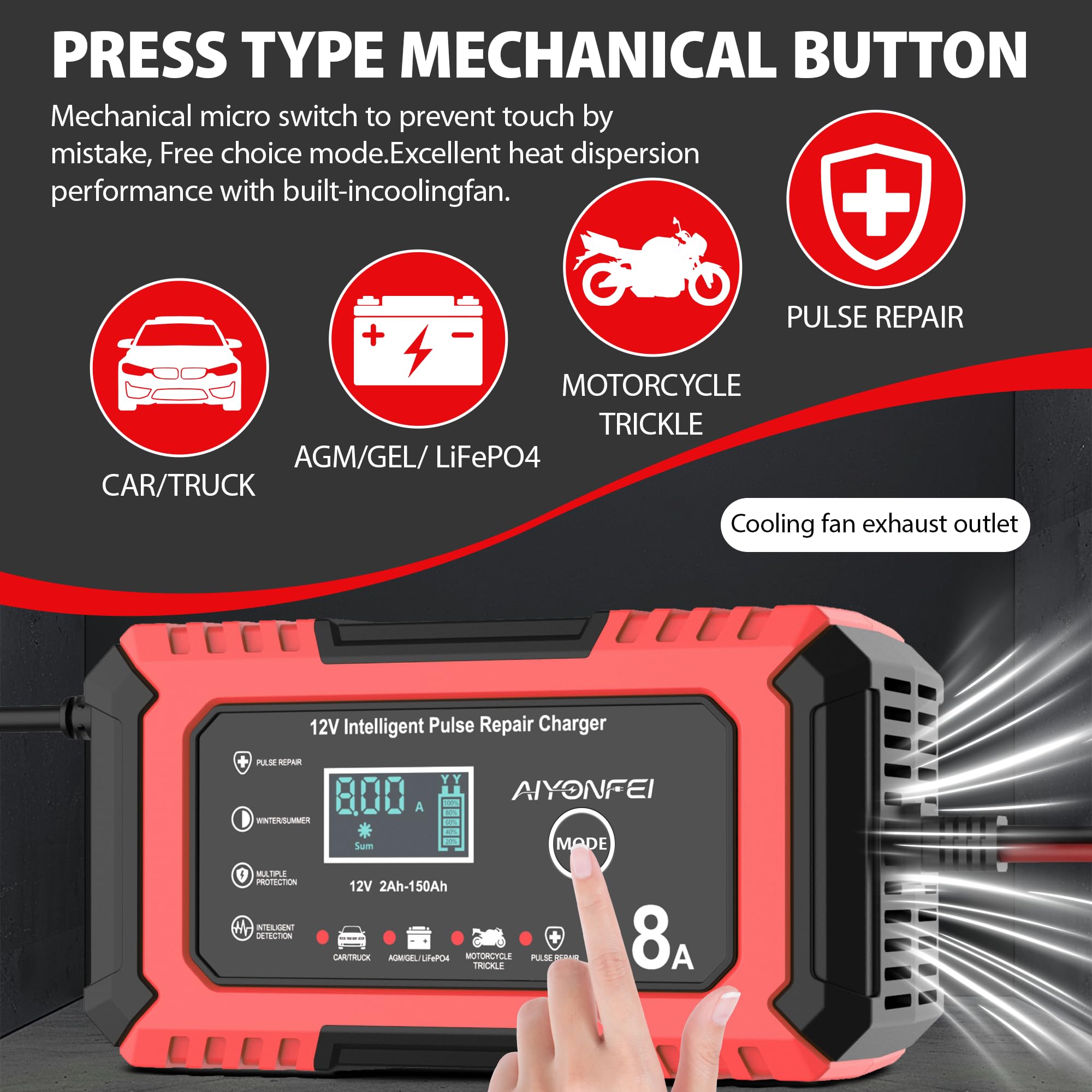 AIYONFEI 12V 8A Battery Charger, Smart Trickle Charger & Battery Maintainer, Desulfator, Temperature Compensation for LiFePO4, Lead Acid, AGM, Gel, EFB, VRLA, Car, Truck, Motorcycle, Boat (Red)