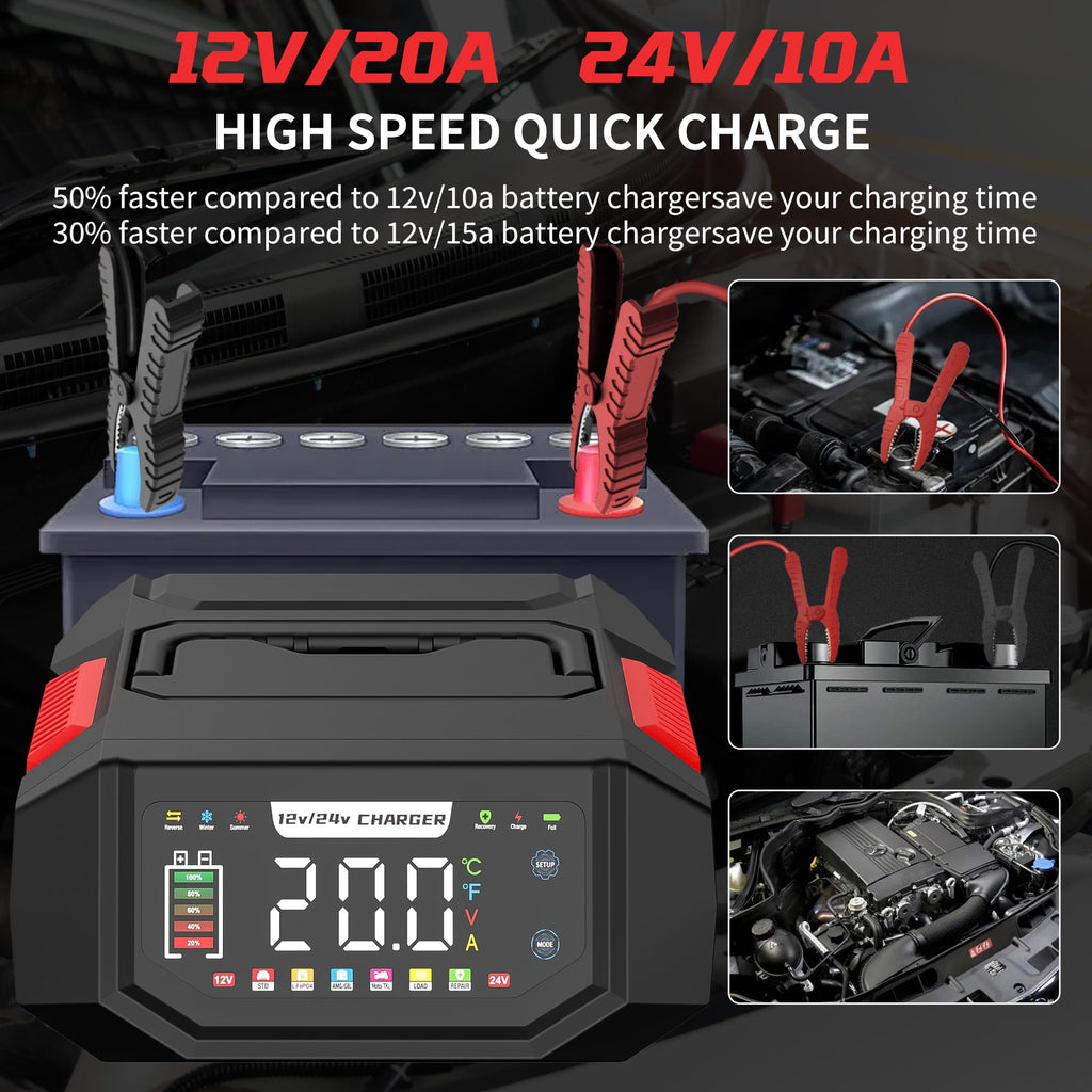 AIYONFEI Battery Charger 20A 12V/24V Fully Automatic Battery Maintainer & Trickle Charger, Adjustable (1-20A) Car Battery Charger with Repair, T/C for LiFePO4, Lead Acid, Deep Cycle Batteries (Red)