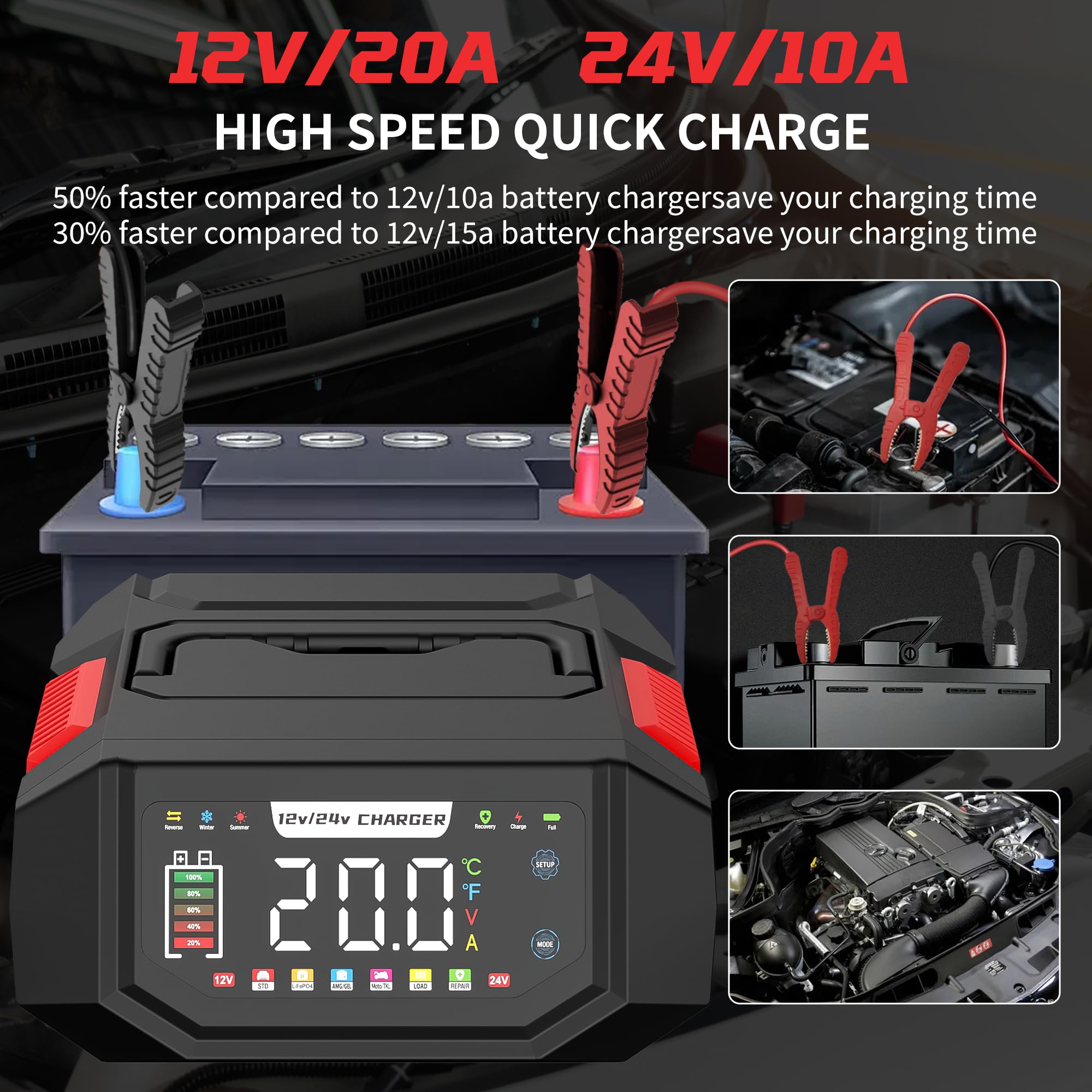AIYONFEI Battery Charger 20A 12V/24V Fully Automatic Battery Maintainer & Trickle Charger, Adjustable (1-20A) Car Battery Charger with Repair, T/C for LiFePO4, Lead Acid, Deep Cycle Batteries (Red)