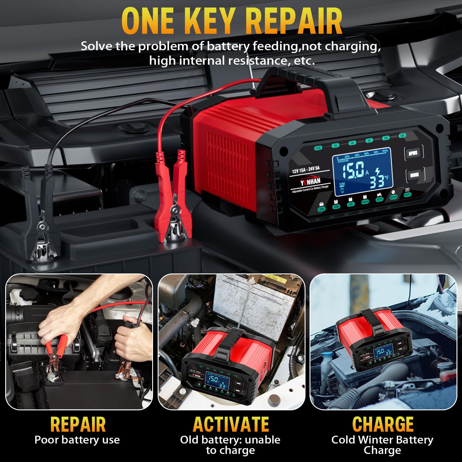 YONHAN Battery Charger 0-15A 12V/24V Adjustable Current LiFePO4 Car Battery Charger, Battery Maintainer Automatic Trickle Charger, Battery Desulfator w/Temp Compensation