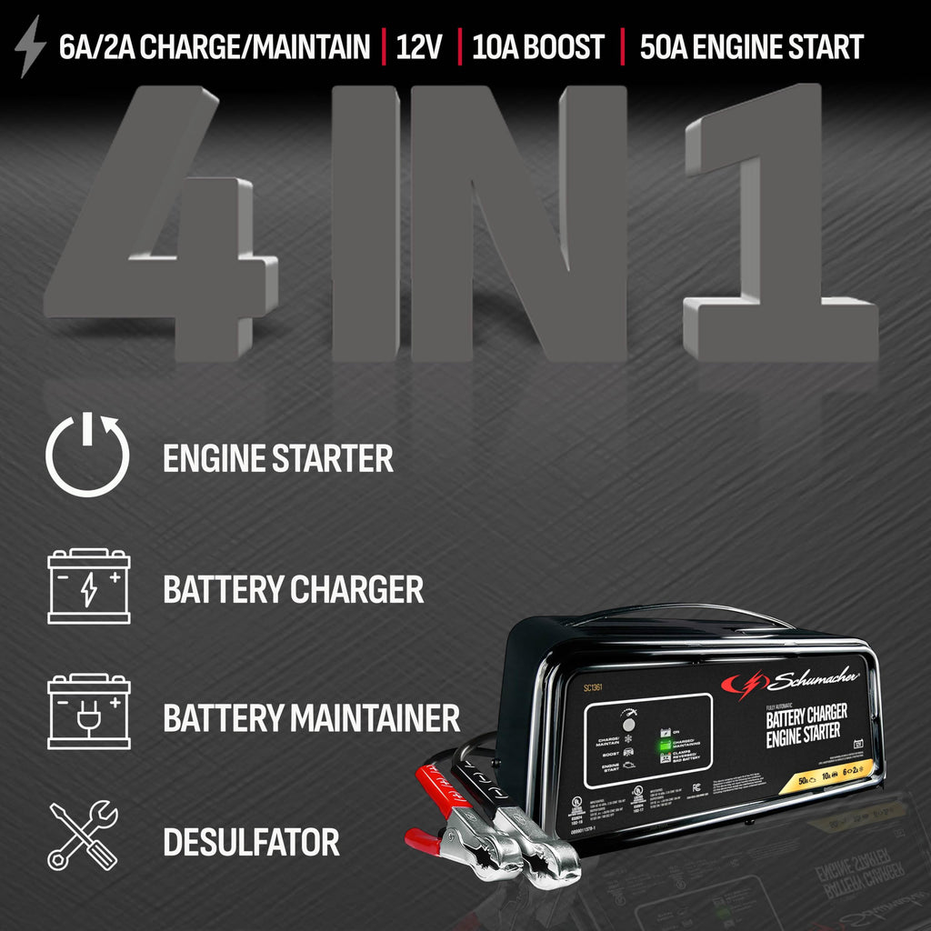 Schumacher Electric 6A Car Battery Charger and 50A Engine Starter, 4-in-1 Solution, Maintainer, 10A Boost, for 12V Power Sport, Automotive, and Marine Batteries, SC1361