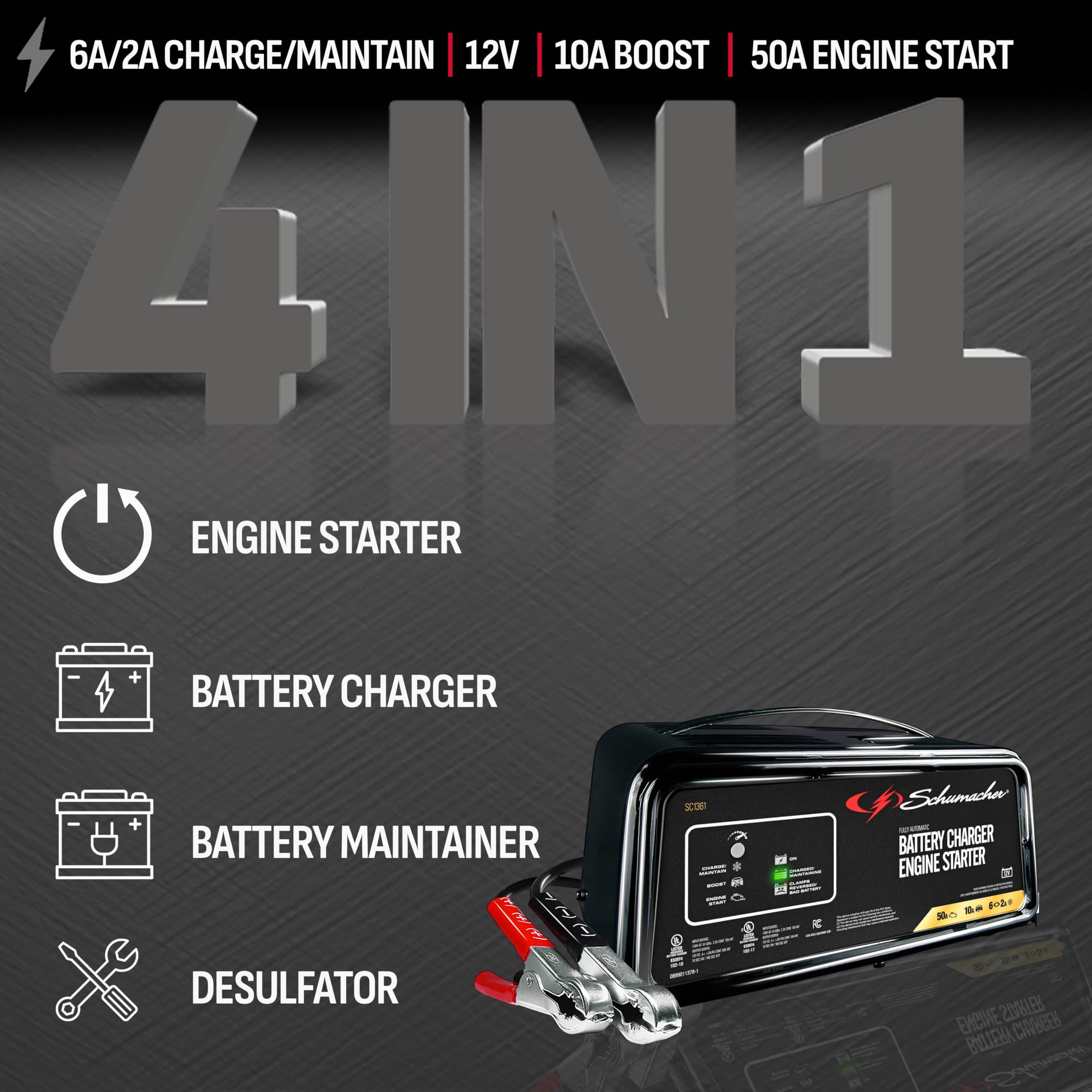 Schumacher Electric 6A Car Battery Charger and 50A Engine Starter, 4-in-1 Solution, Maintainer, 10A Boost, for 12V Power Sport, Automotive, and Marine Batteries, SC1361