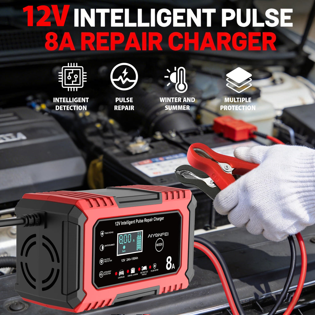 AIYONFEI 12V 8A Battery Charger, Smart Trickle Charger & Battery Maintainer, Desulfator, Temperature Compensation for LiFePO4, Lead Acid, AGM, Gel, EFB, VRLA, Car, Truck, Motorcycle, Boat (Red)