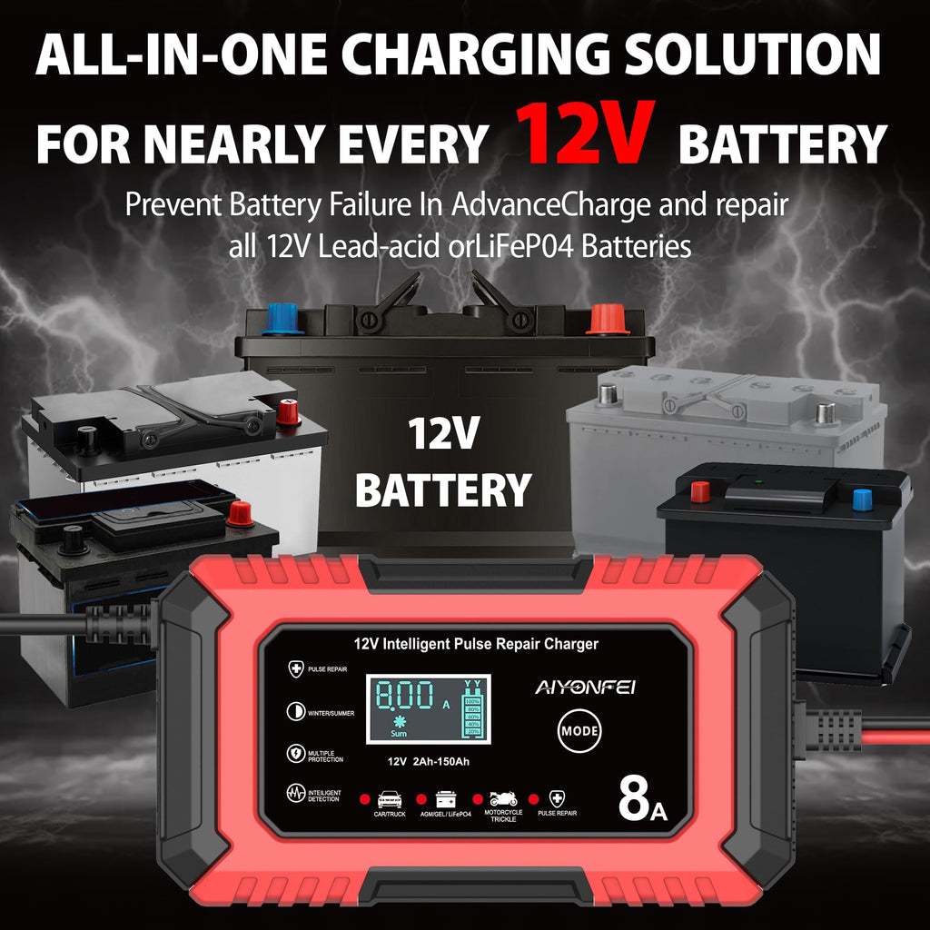 AIYONFEI 12V 8A Battery Charger, Smart Trickle Charger & Battery Maintainer, Desulfator, Temperature Compensation for LiFePO4, Lead Acid, AGM, Gel, EFB, VRLA, Car, Truck, Motorcycle, Boat (Red)