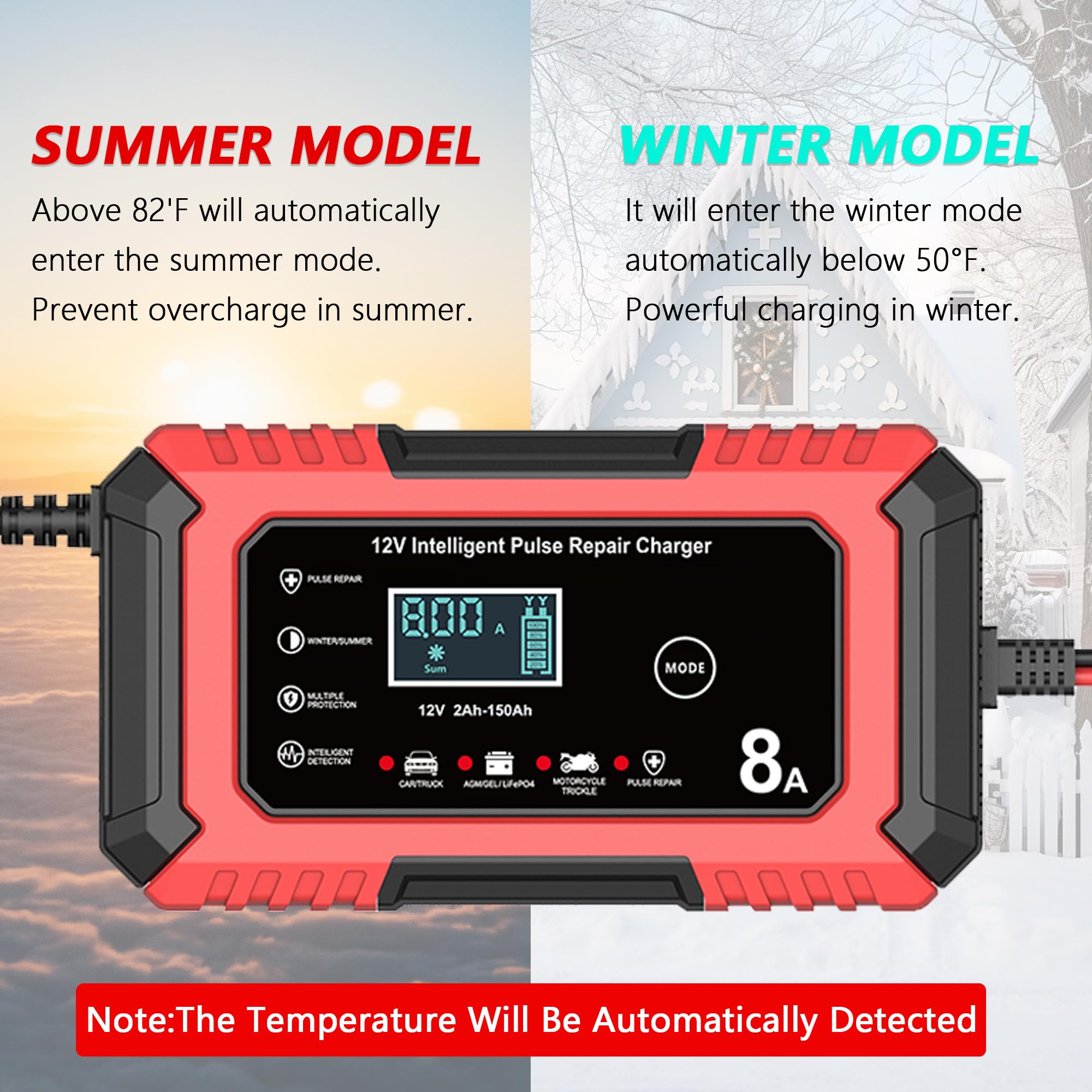 AIYONFEI 12V 8A Battery Charger, Smart Trickle Charger & Battery Maintainer, Desulfator, Temperature Compensation for LiFePO4, Lead Acid, AGM, Gel, EFB, VRLA, Car, Truck, Motorcycle, Boat (Red)