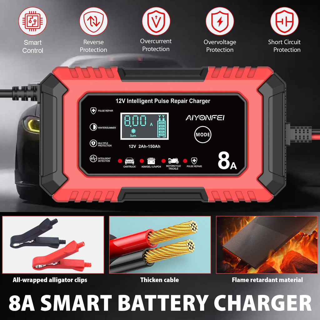 AIYONFEI 12V 8A Battery Charger, Smart Trickle Charger & Battery Maintainer, Desulfator, Temperature Compensation for LiFePO4, Lead Acid, AGM, Gel, EFB, VRLA, Car, Truck, Motorcycle, Boat (Red)