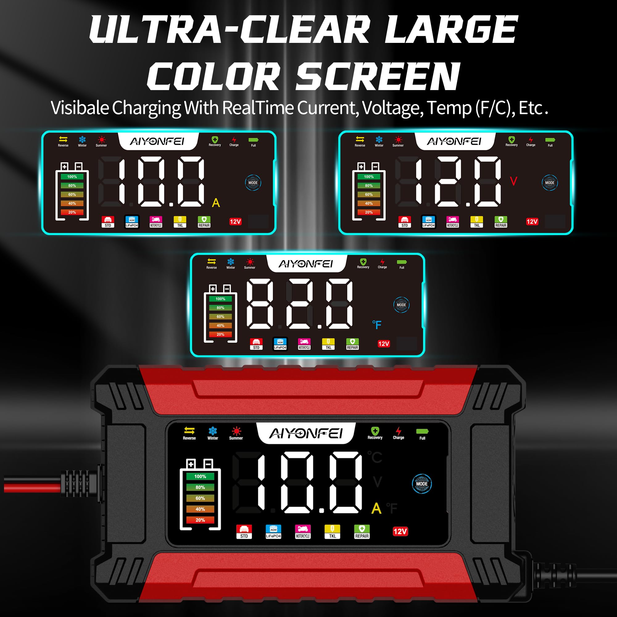 AIYONFEI 12V 10A Battery Charger, 9-Stage Smart Trickle Charger with LED Screen, Battery Maintainer & Desulfator, Temperature Compensation for Car, Truck, Motorcycle, Boat, LiFePO4, Lead Acid (Red)