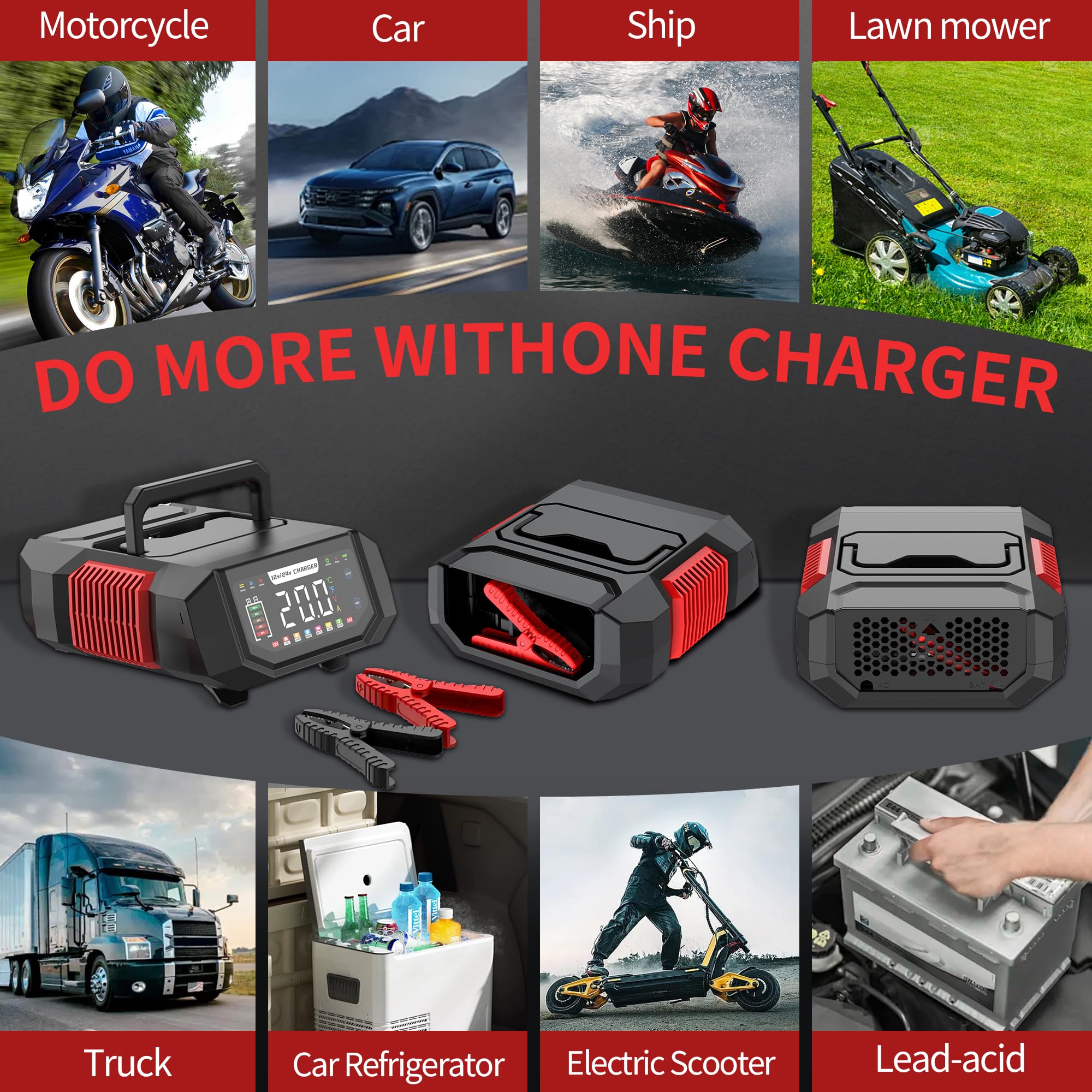 AIYONFEI Battery Charger 20A 12V/24V Fully Automatic Battery Maintainer & Trickle Charger, Adjustable (1-20A) Car Battery Charger with Repair, T/C for LiFePO4, Lead Acid, Deep Cycle Batteries (Red)