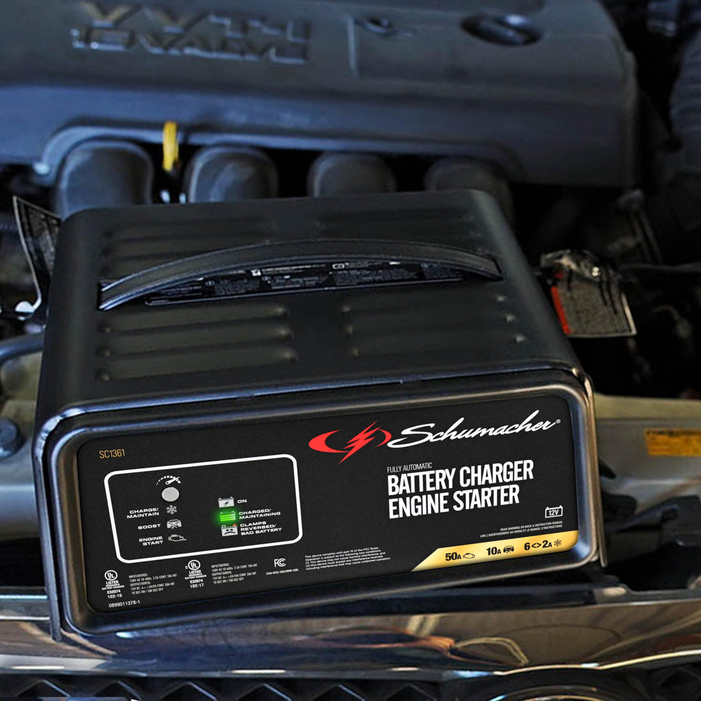 Schumacher Electric 6A Car Battery Charger and 50A Engine Starter, 4-in-1 Solution, Maintainer, 10A Boost, for 12V Power Sport, Automotive, and Marine Batteries, SC1361