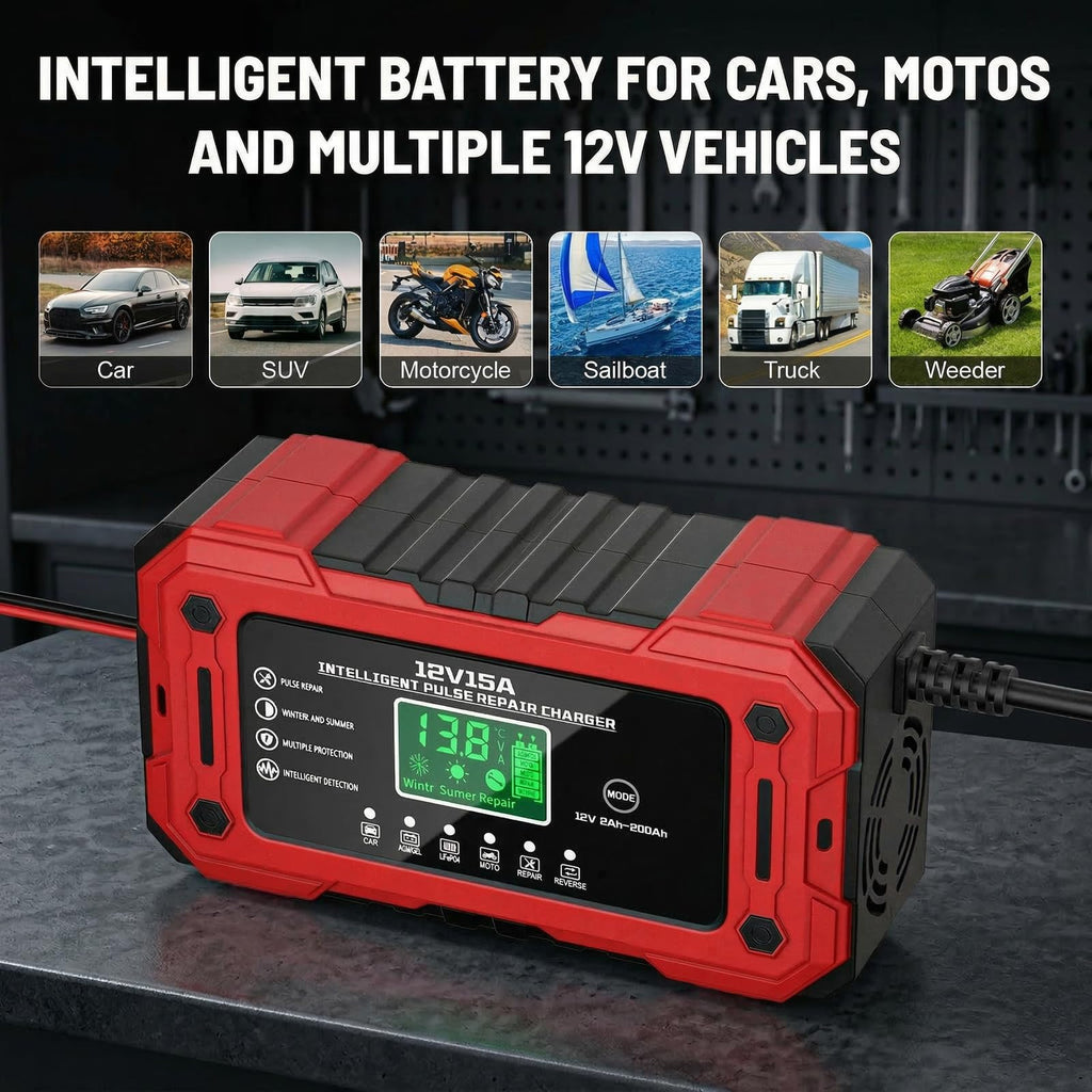 YDBAO Battery Charger 15A 12V Fully Automatic Smart Trickle Car Battery Charger Maintainer with LCD Display & Temperature Compensation for Car Truck Motorcycle Lawn Mower Boat