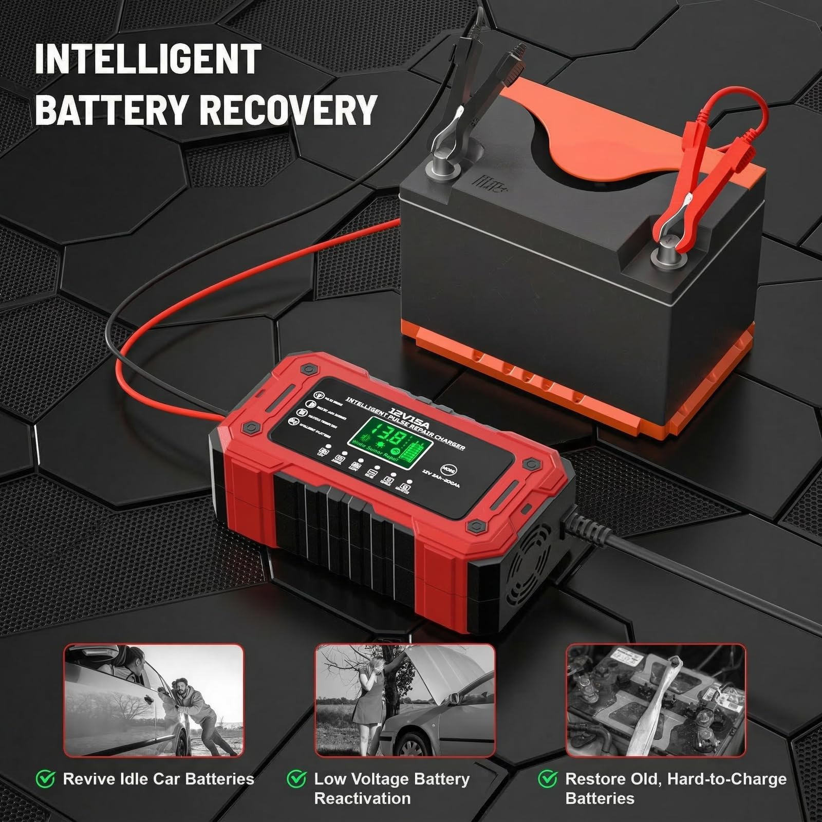 YDBAO Battery Charger 15A 12V Fully Automatic Smart Trickle Car Battery Charger Maintainer with LCD Display & Temperature Compensation for Car Truck Motorcycle Lawn Mower Boat