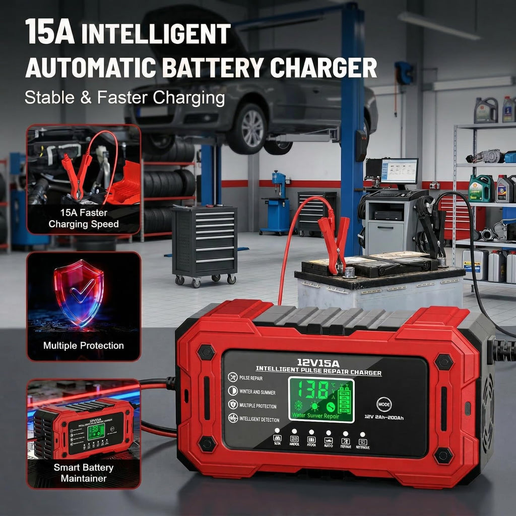 YDBAO Battery Charger 15A 12V Fully Automatic Smart Trickle Car Battery Charger Maintainer with LCD Display & Temperature Compensation for Car Truck Motorcycle Lawn Mower Boat