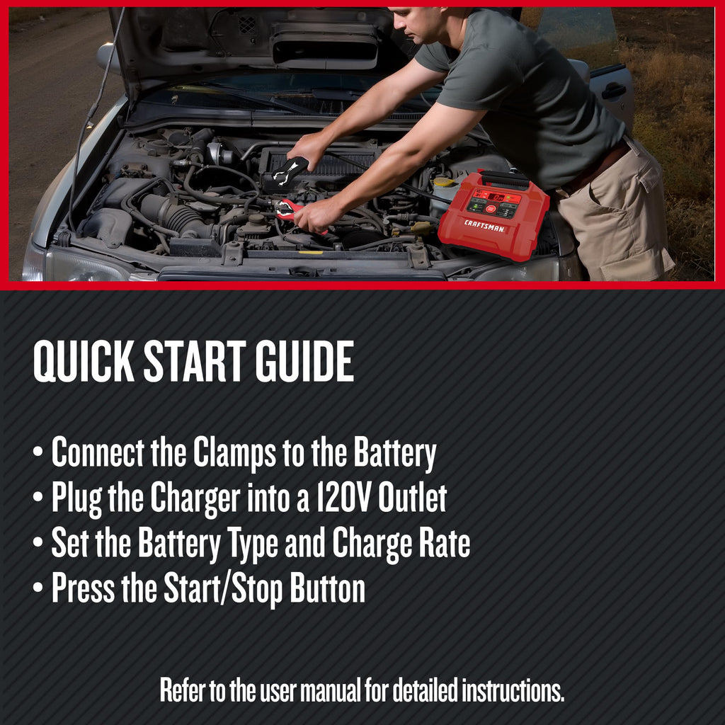 CRAFTSMAN 12A Car Battery Charger and Maintainer, 4-in-1 Solution, Battery Tester, for 6V/12V Power Sport, Automotive, and Marine Batteries, CMXCESM258